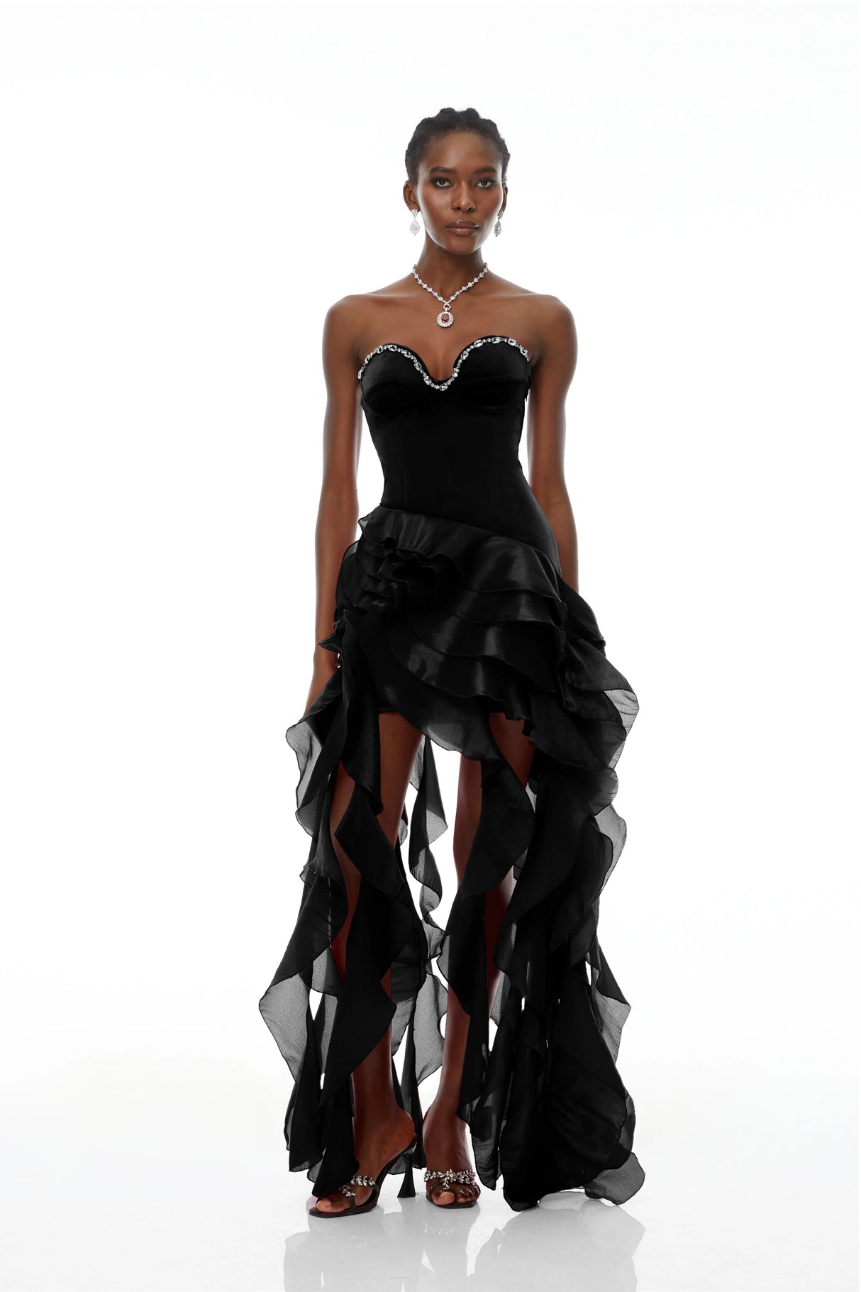 Lunetta Black Strapless Ruffled Maxi Dress