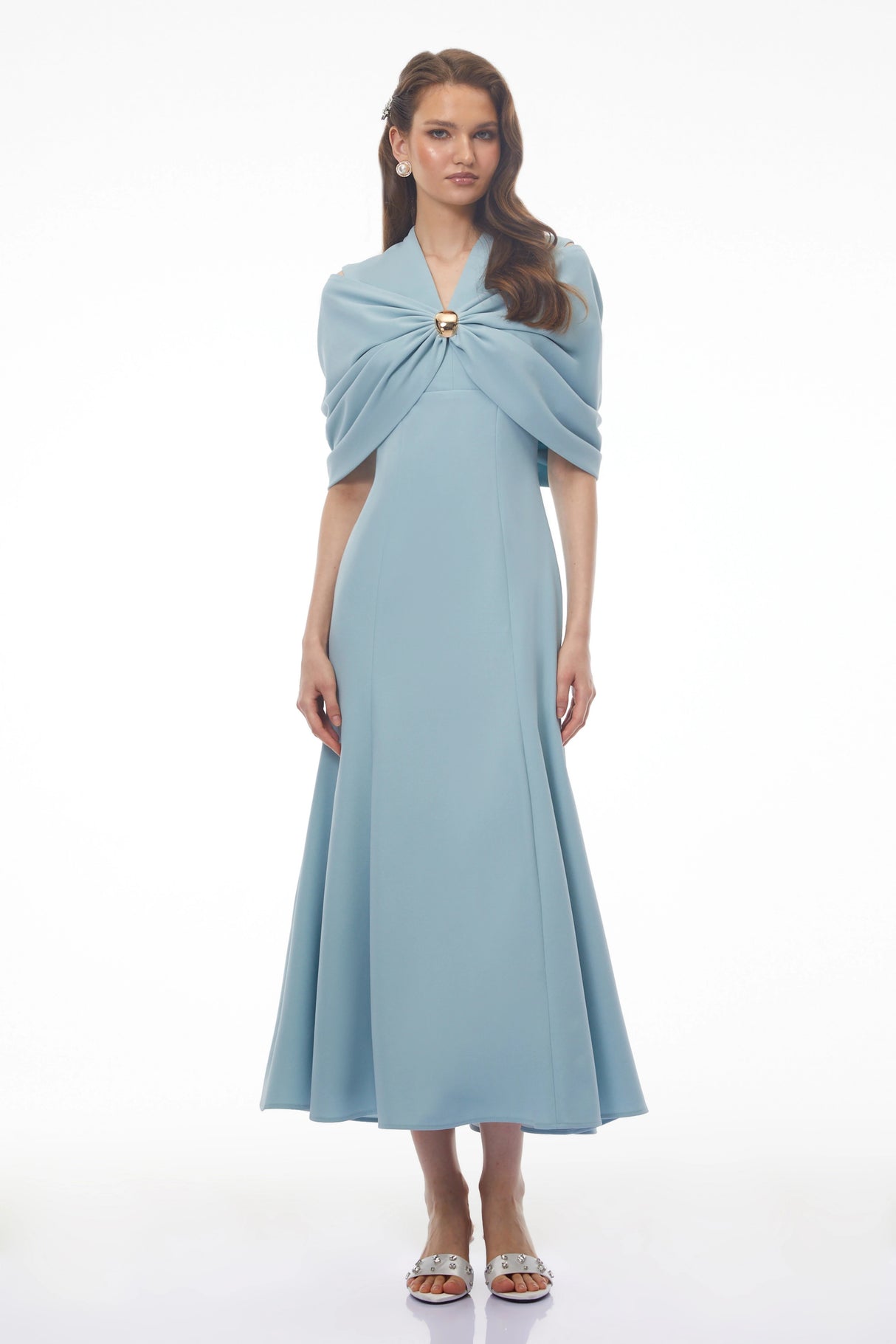 Lyla Blue Plunge Neck Midi Dress with Cape Sleeves
