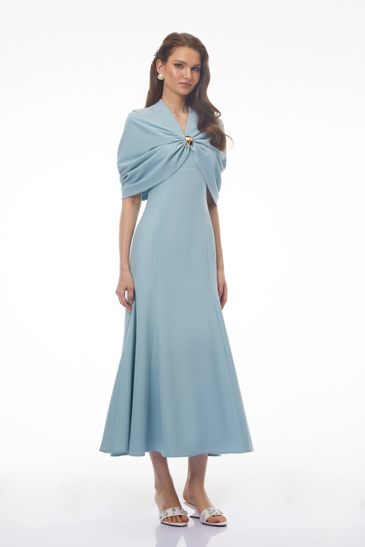 Lyla Blue Plunge Neck Midi Dress with Cape Sleeves