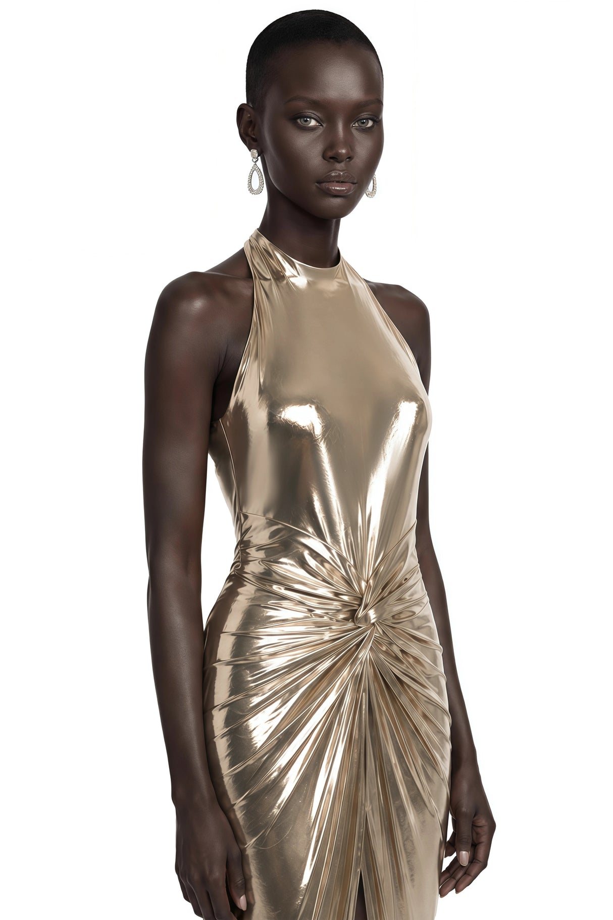 Lysithea Champagne Metallic Halterneck Maxi Dress with Slit