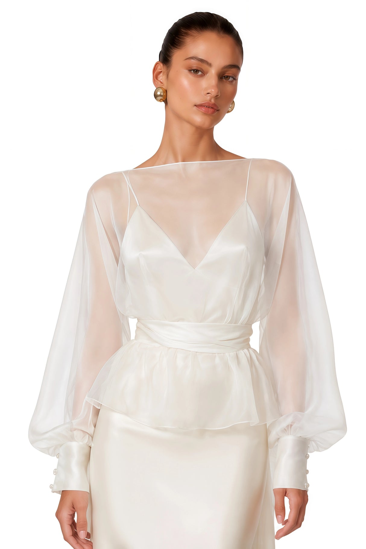 Madeleine Cream White Sheer Blouse Satin Maxi Dress Set