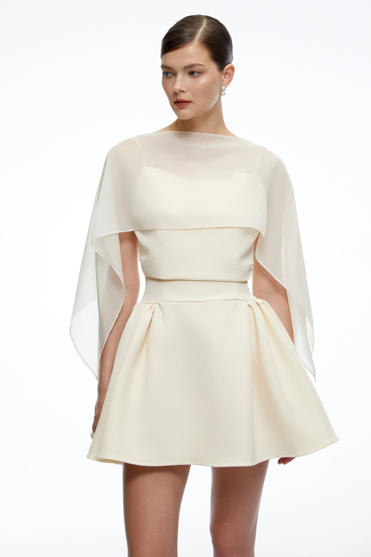 Madeleine Neutral SemiSheer Flared Mini Dress with Shawl