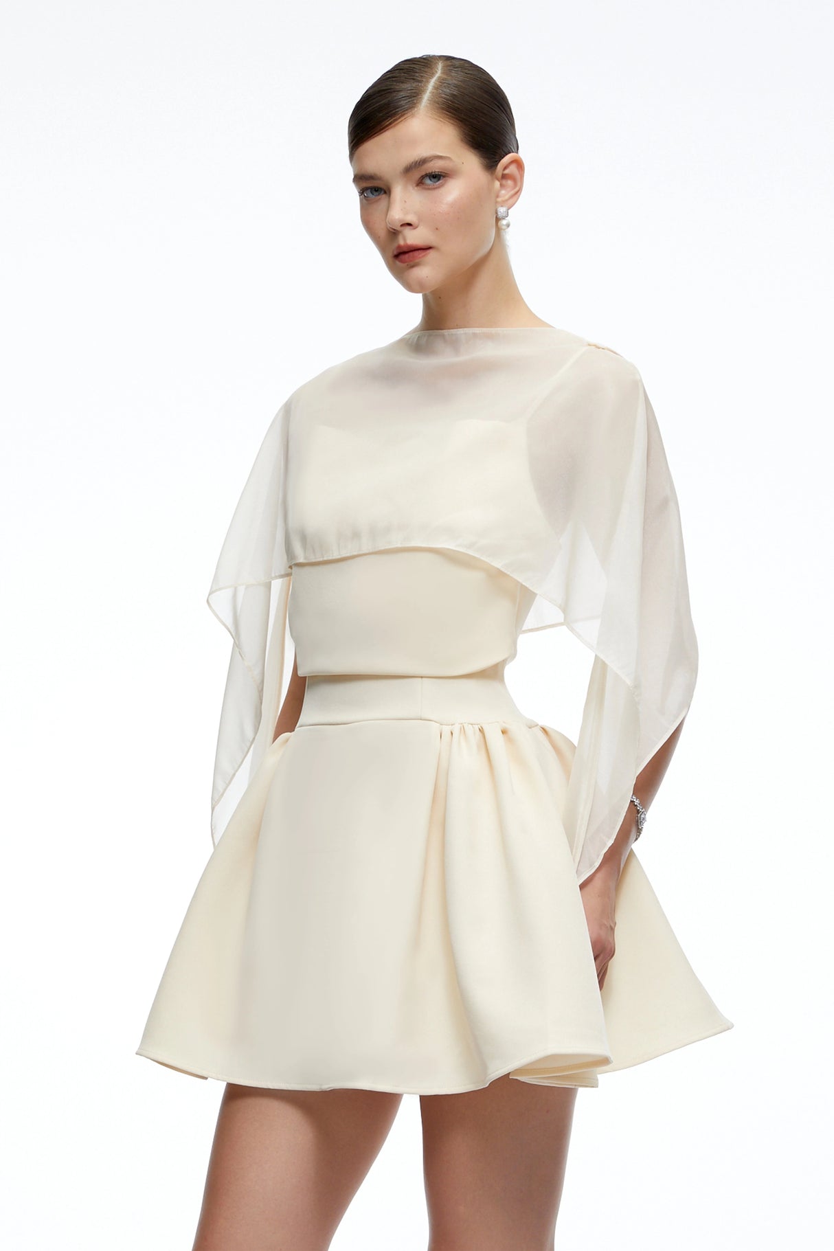 Madeleine Neutral SemiSheer Flared Mini Dress with Shawl