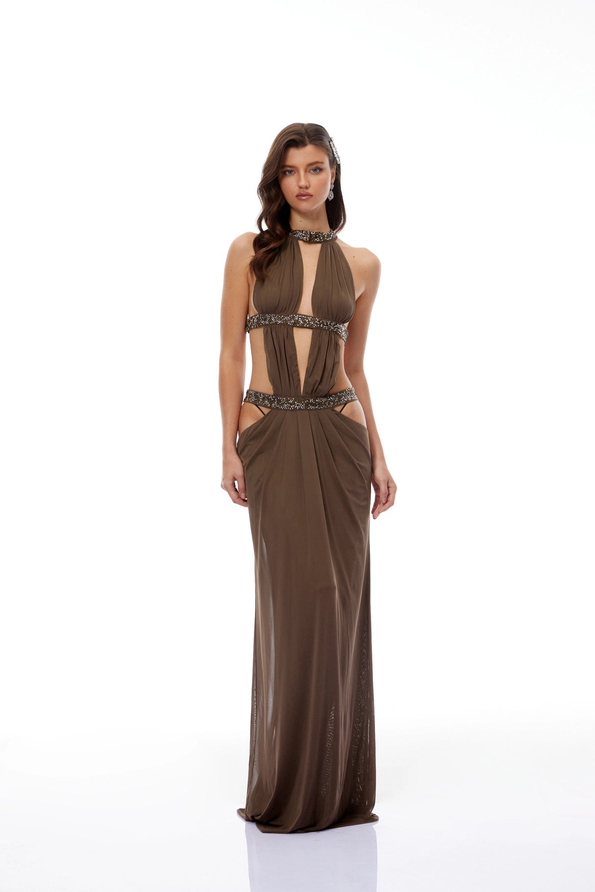 Maëlle Brown Cutout Ruched Maxi Dress