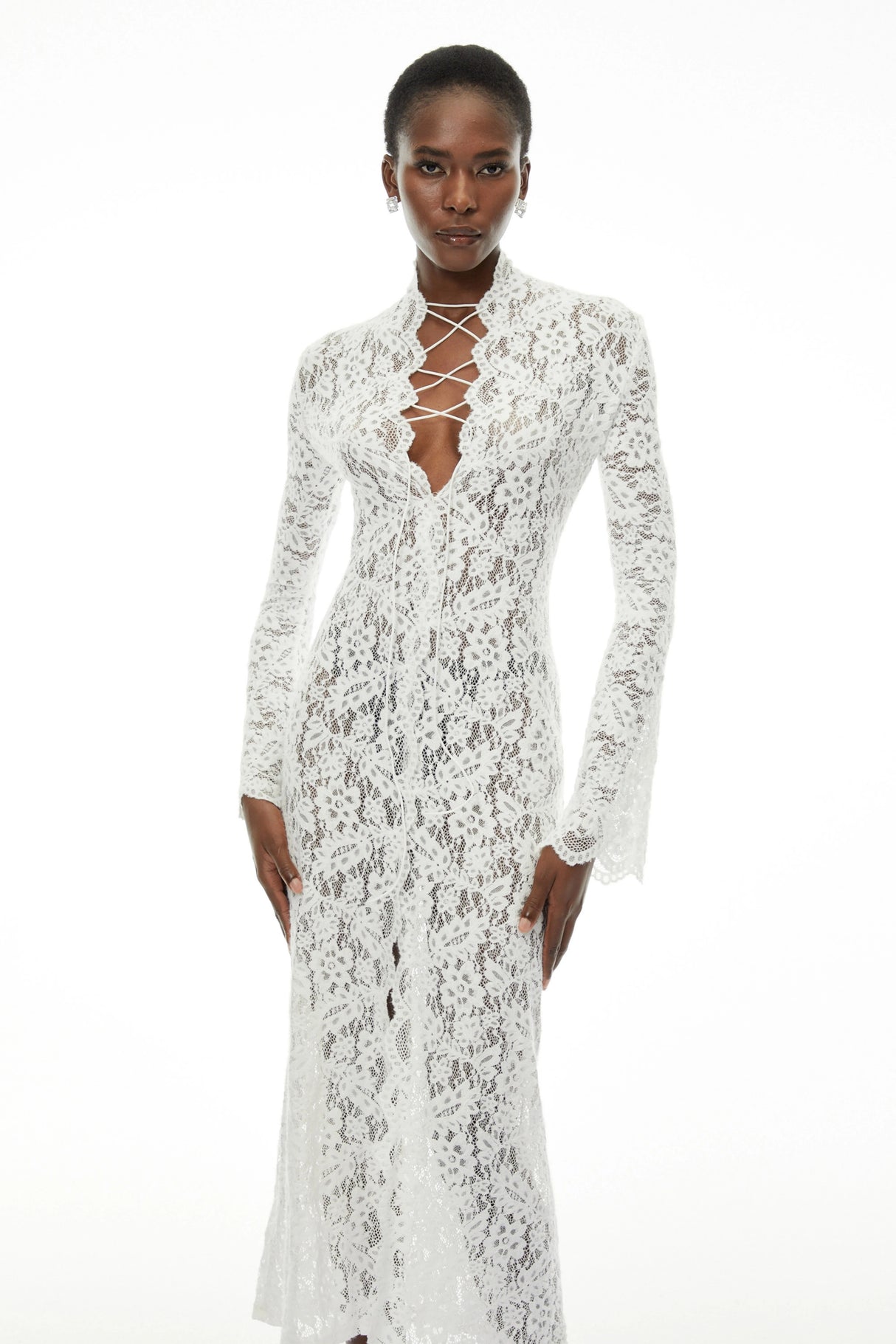 Maëlys White Floral Lace Plunge Neck Maxi Dress
