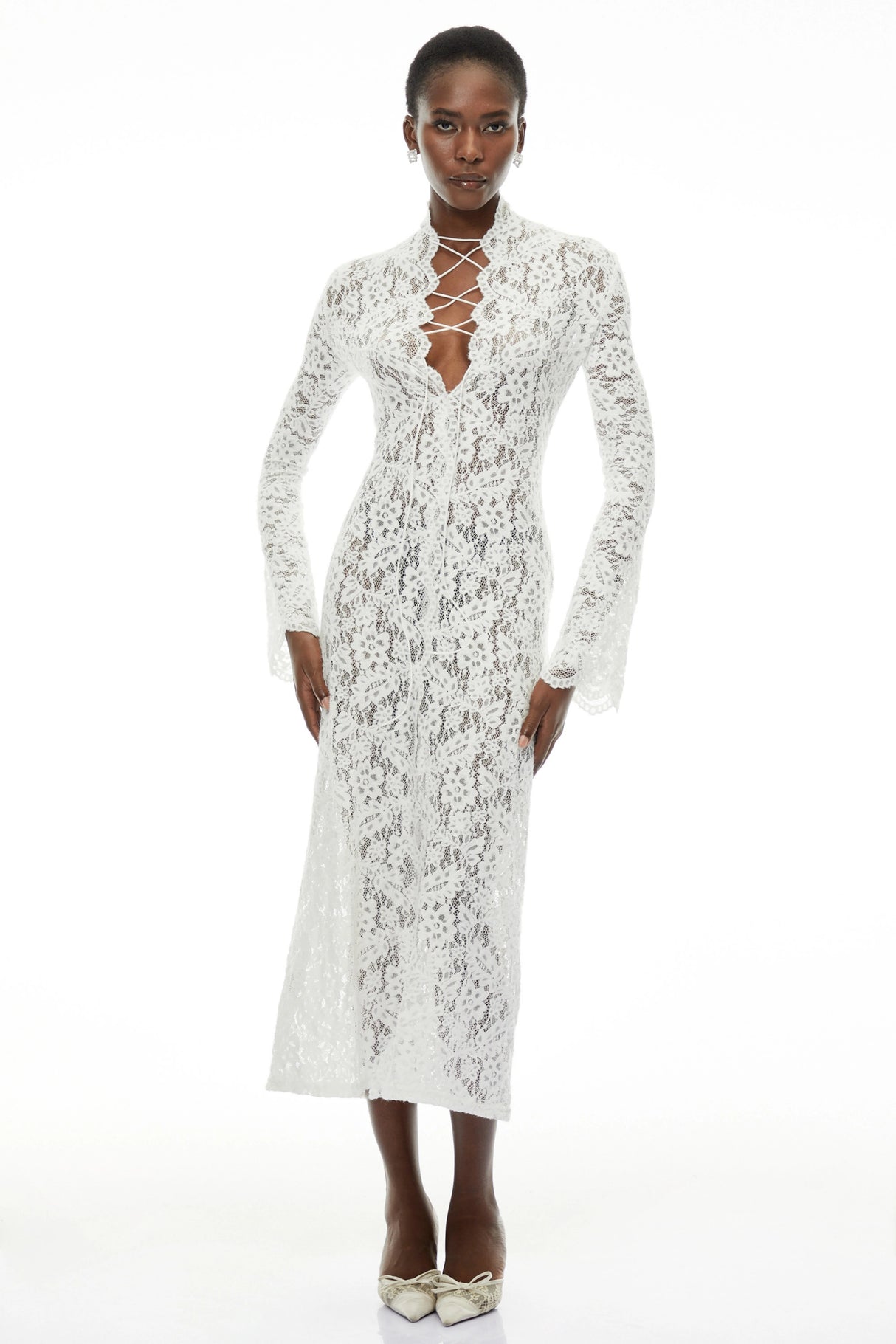Maëlys White Floral Lace Plunge Neck Maxi Dress