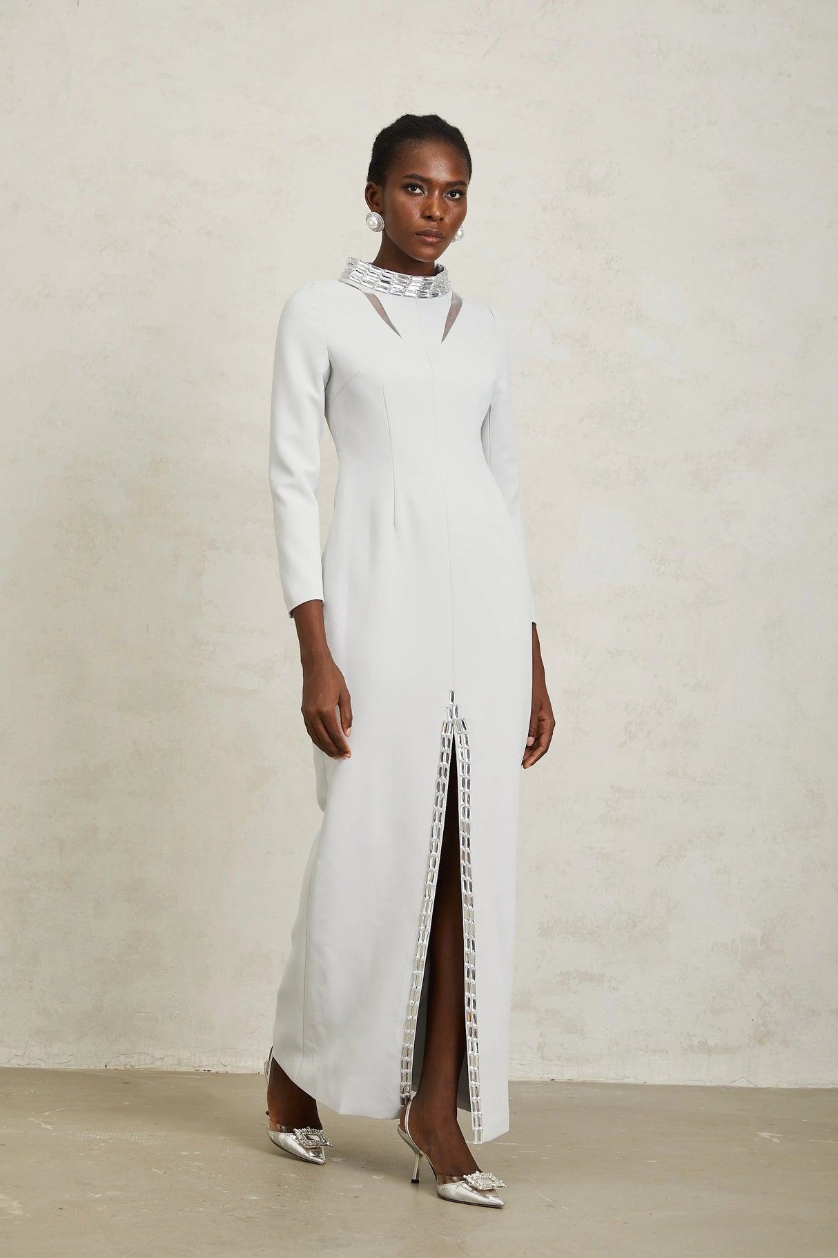 Magdalena Light Grey Crystal Embellished Maxi Dress