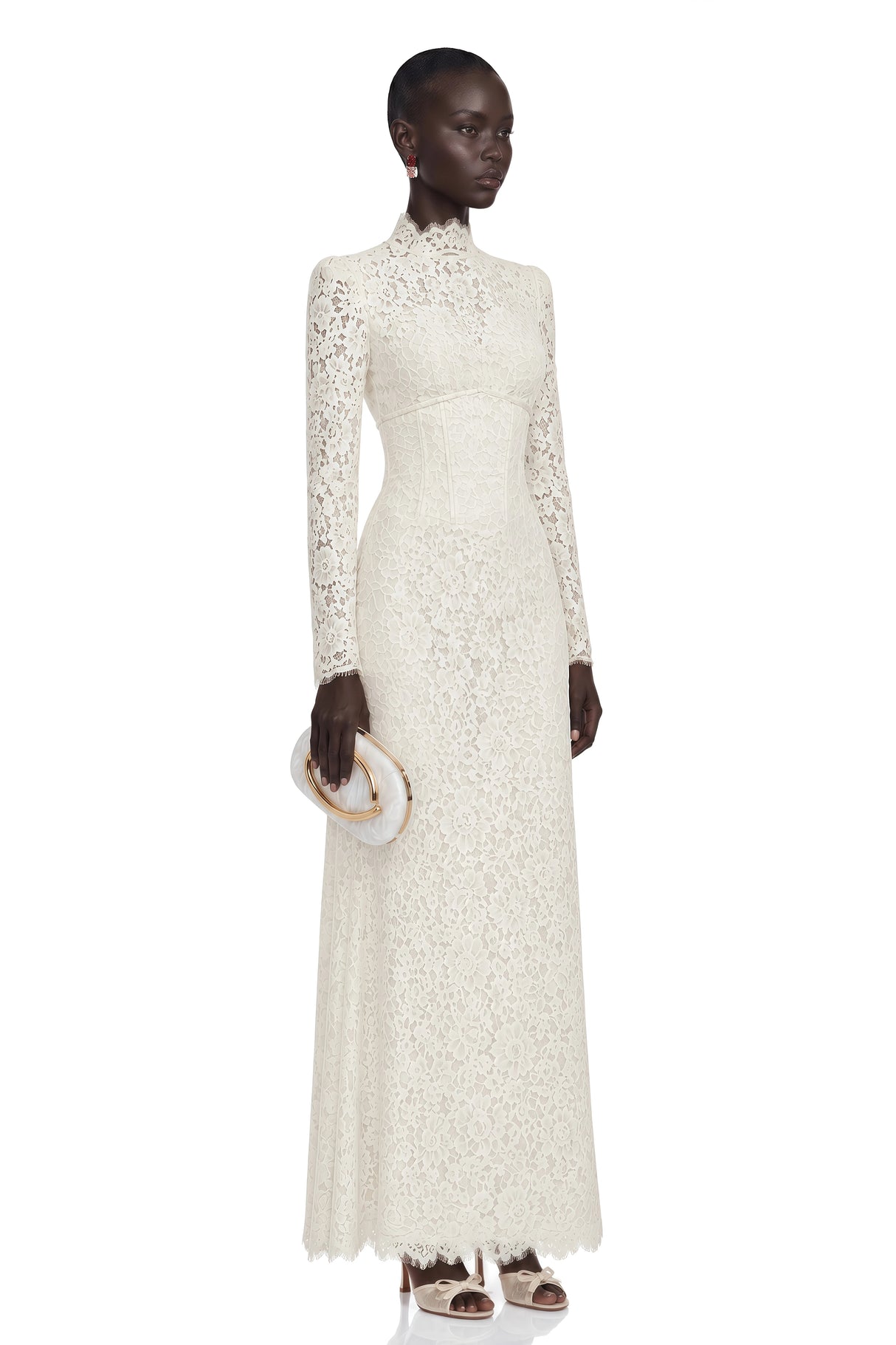 Maggie Ivory High Neck Floral Lace Maxi Dress