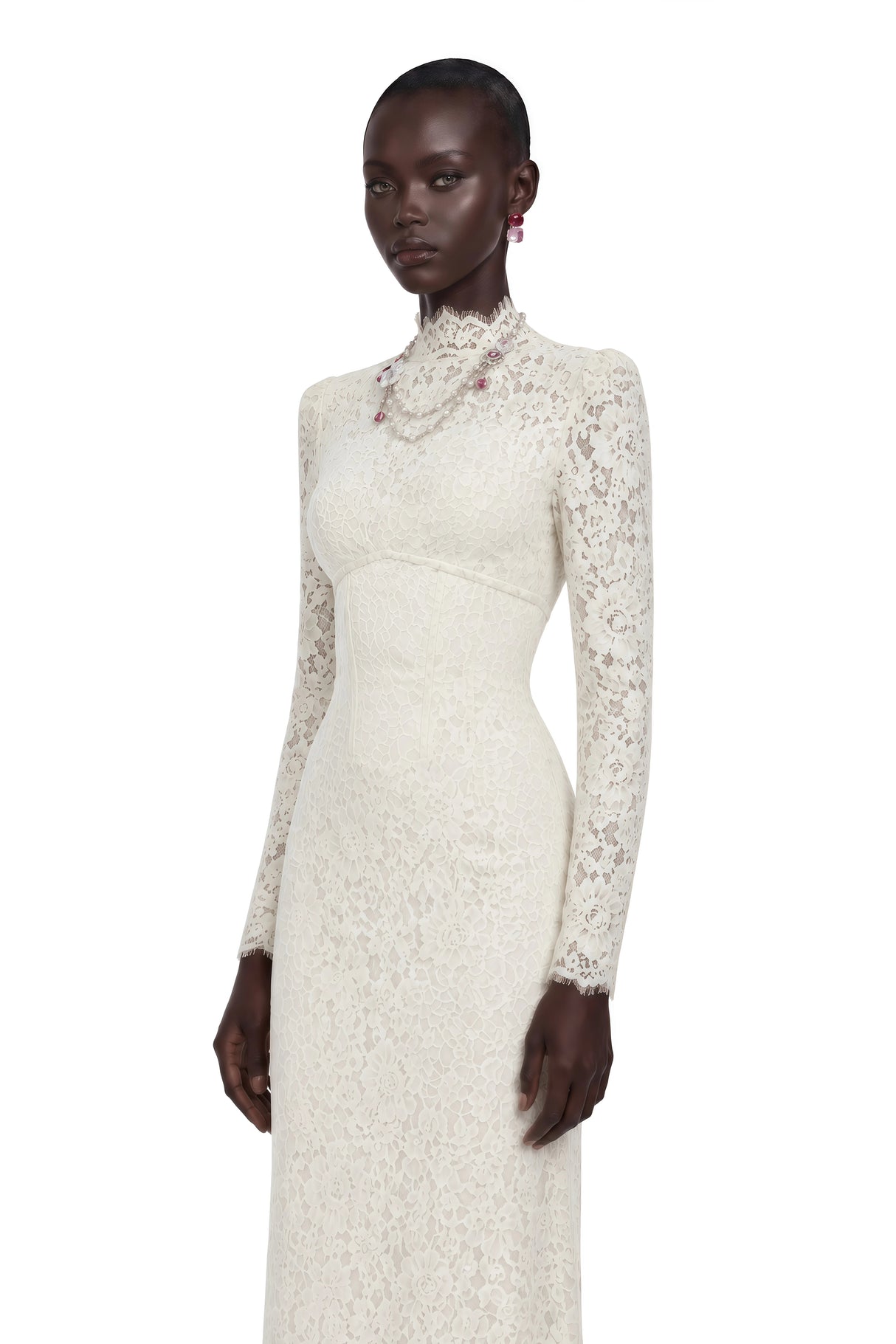 Maggie Ivory High Neck Floral Lace Maxi Dress