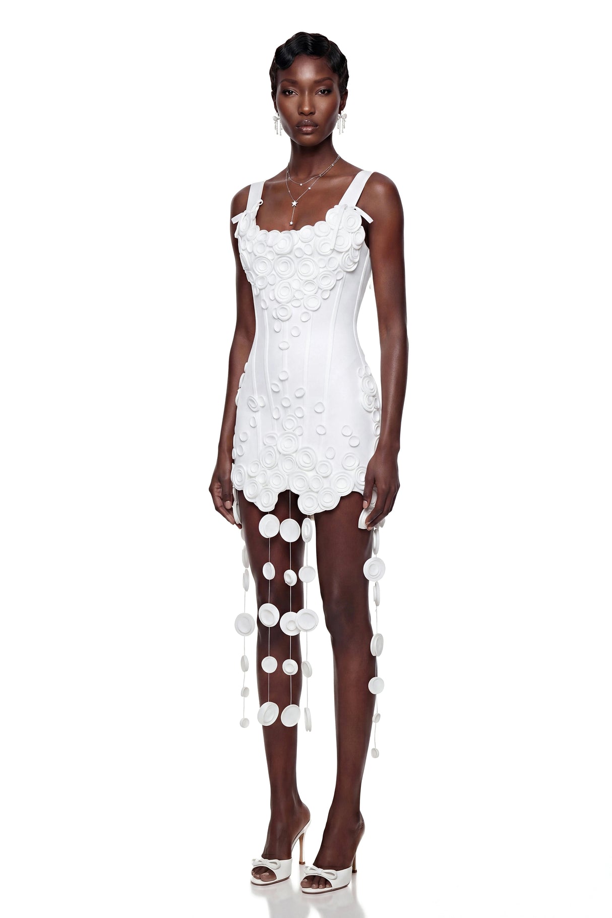 Mahkadeh White Fringe Mini Dress with 3D Petals