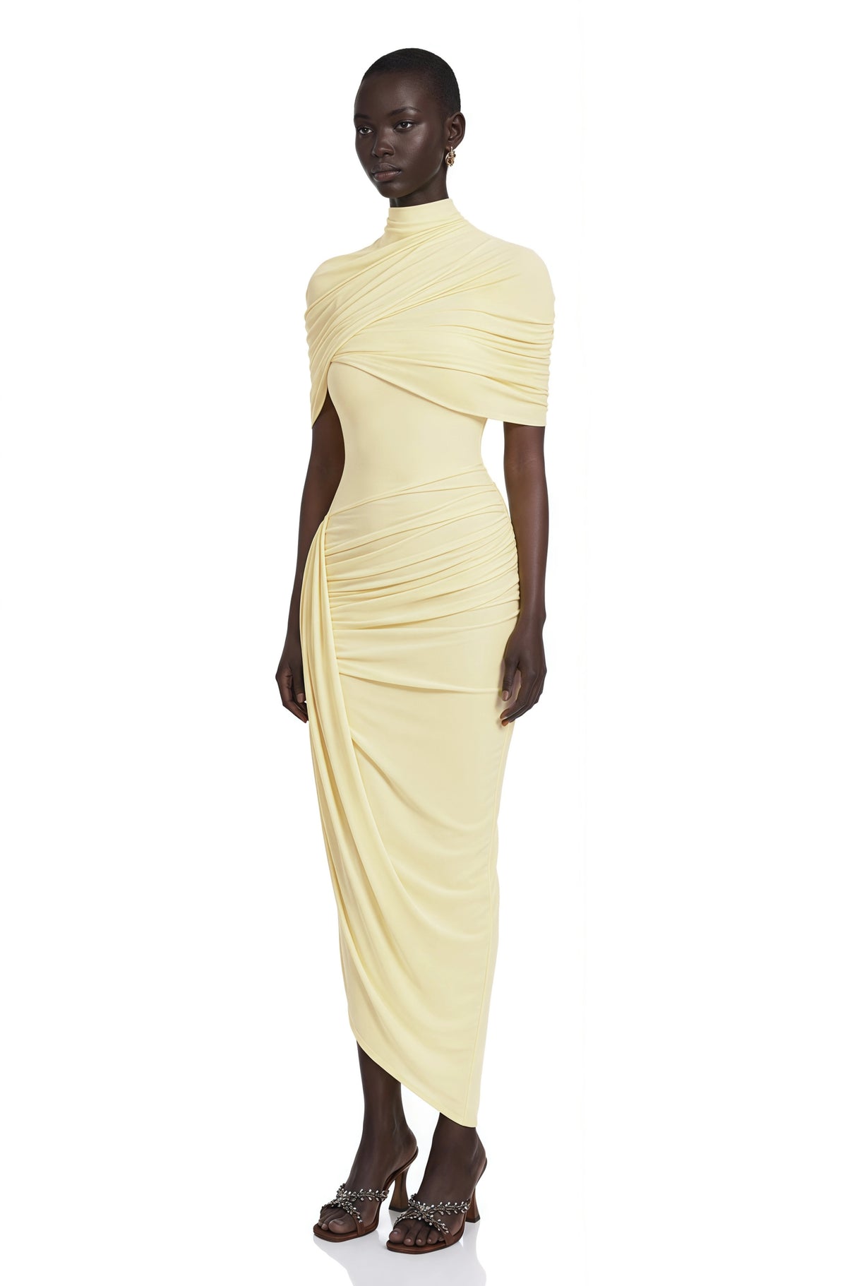 Manuela Yellow Asymmetrical Cape Midi Dress