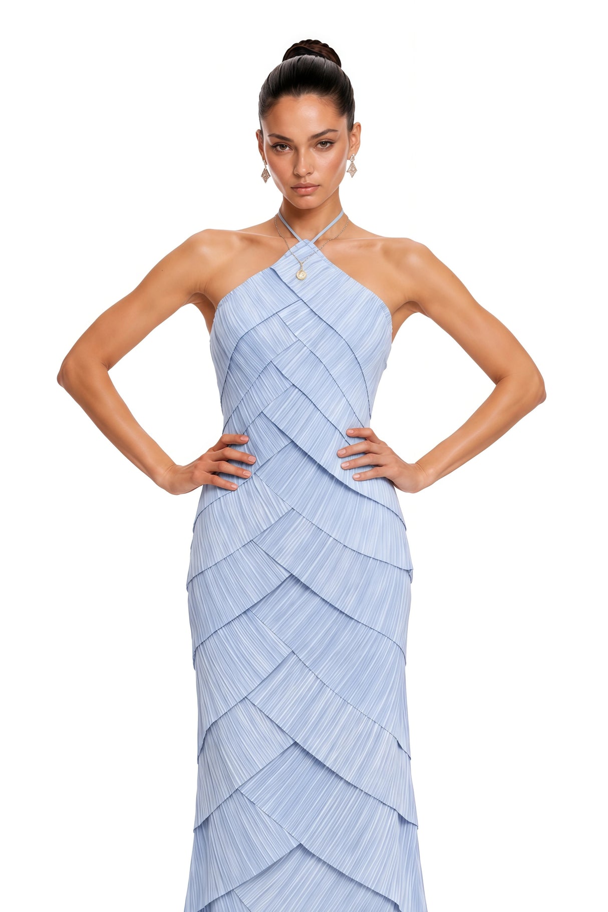 Mara Blue Halterneck Pleated Maxi Dress