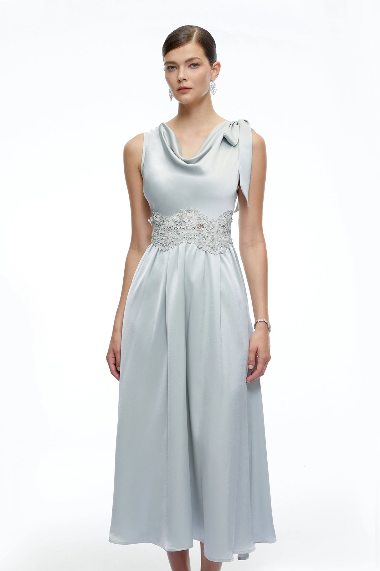 Maren Blue Cowl Neck Satin Midi Dress