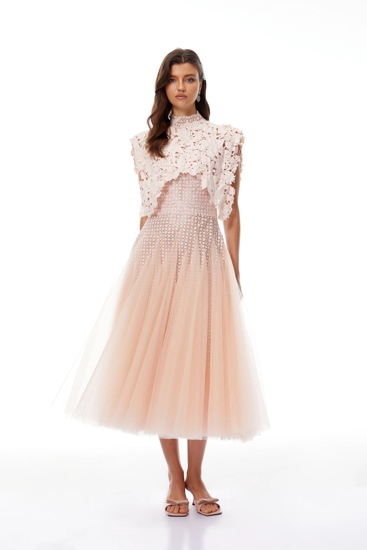 Margaret Light Pink Floral Crochet Midi Dress