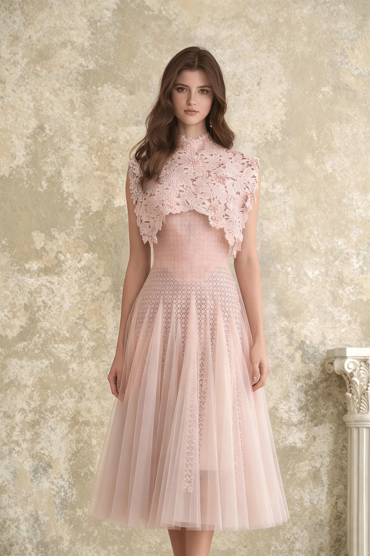 Margaret Light Pink Floral Crochet Midi Dress