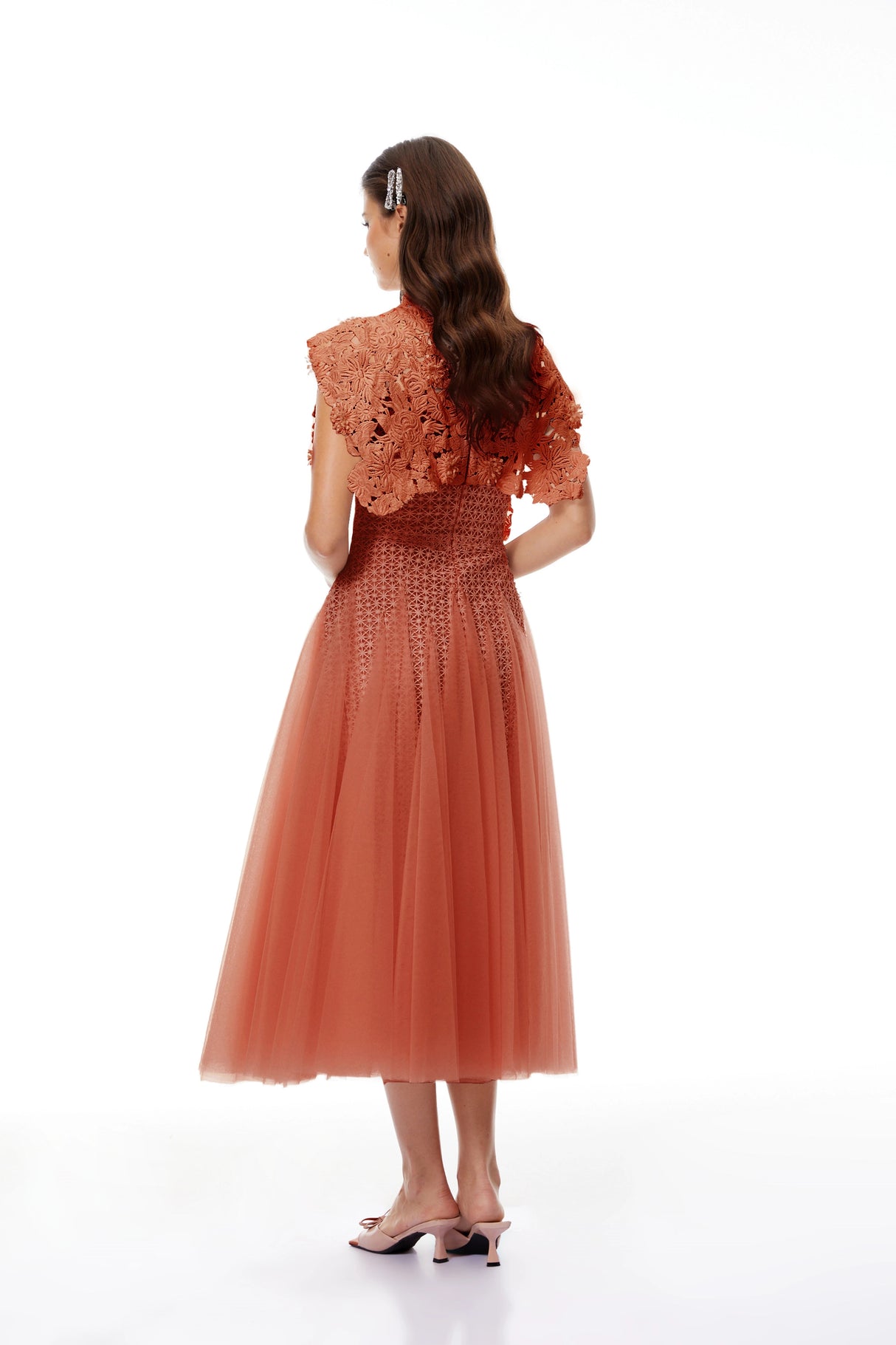 Margaret Orange Floral Crochet Midi Dress