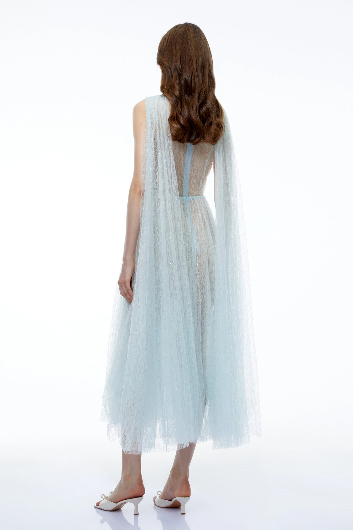 Margareta Ice Blue High Neck Ruched Midi Dress