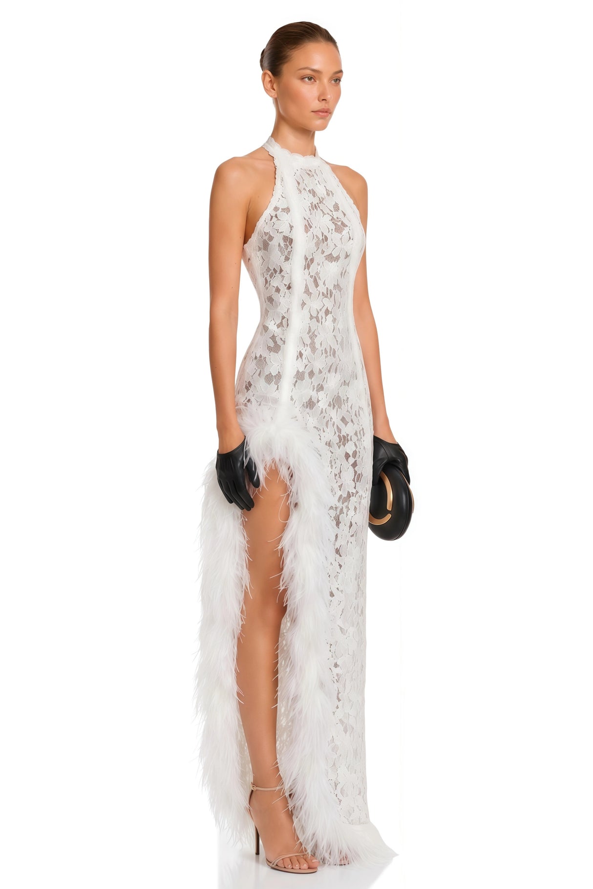Margarida White Lace Maxi Dress with Faux Fur Trim