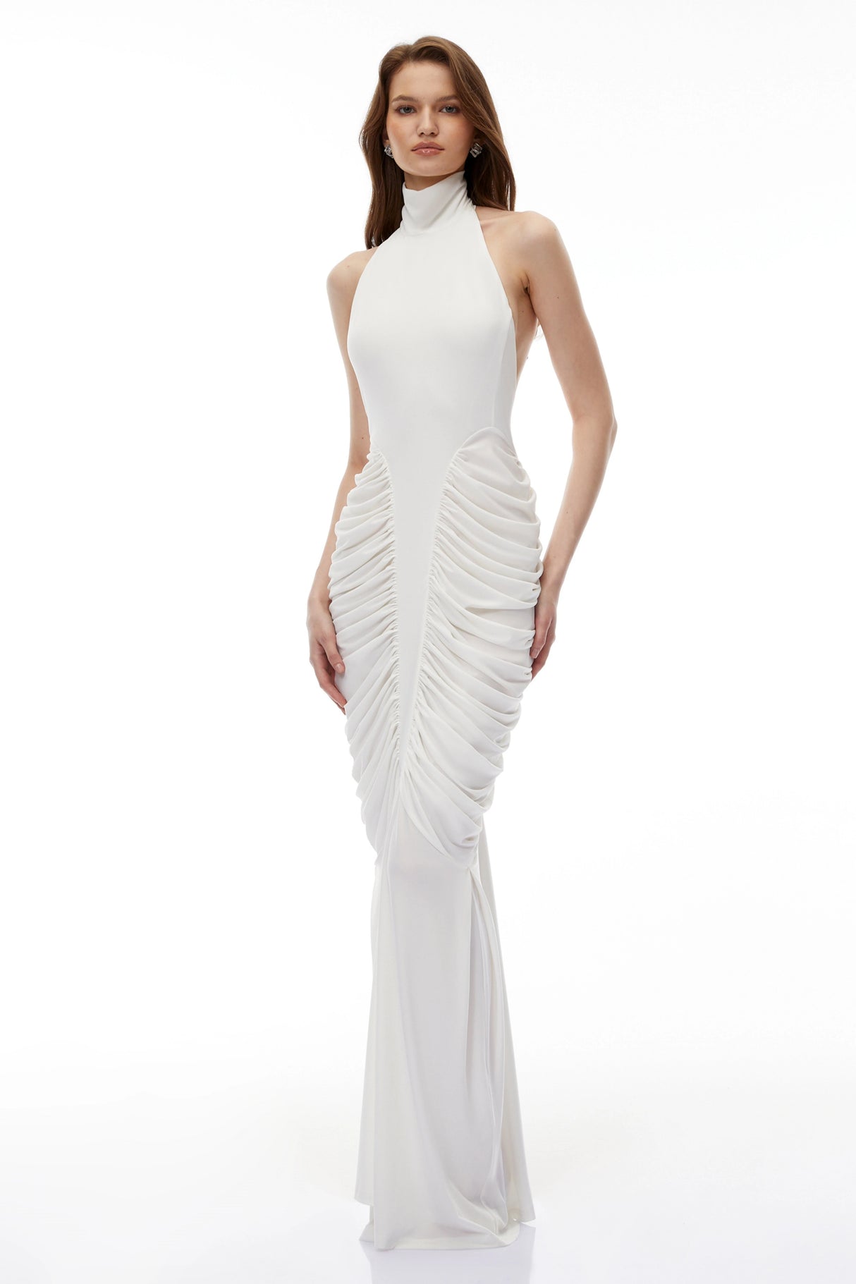 Marhuma White Backless Ruched Maxi Dress
