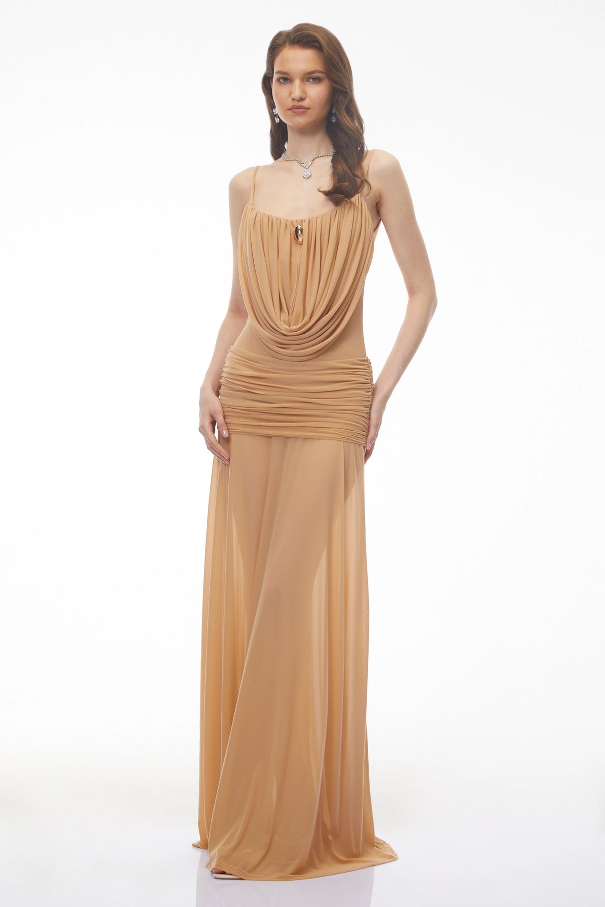 Mariana Neutral Draped Ruched Maxi Dress