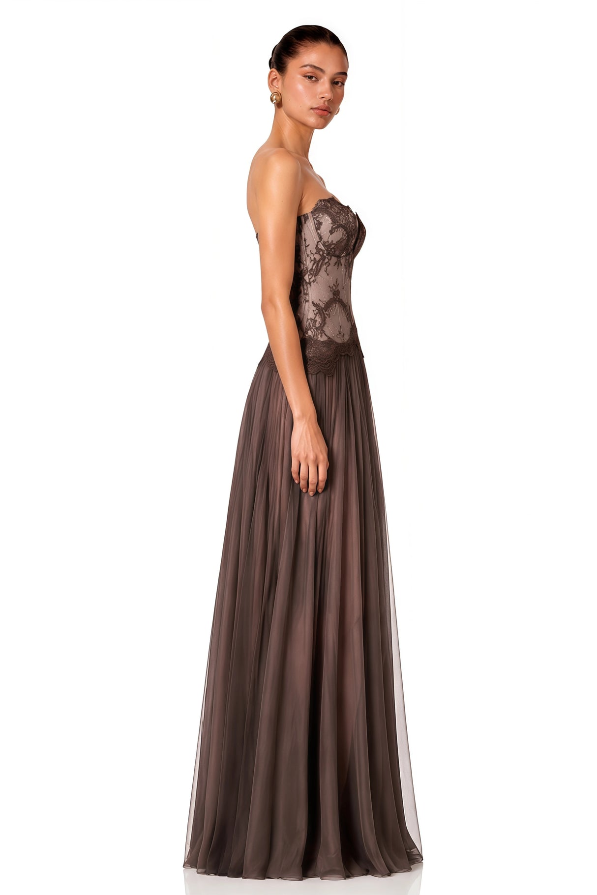 Marianne Brown Lace Corset Maxi Dress