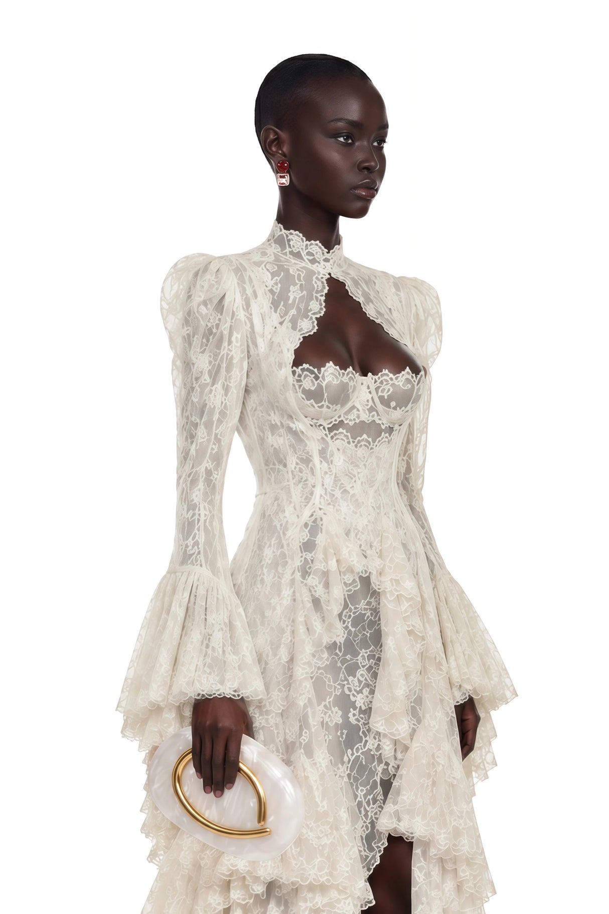 Mariella Ivory Asymmetrical Floral Lace Midi Dress