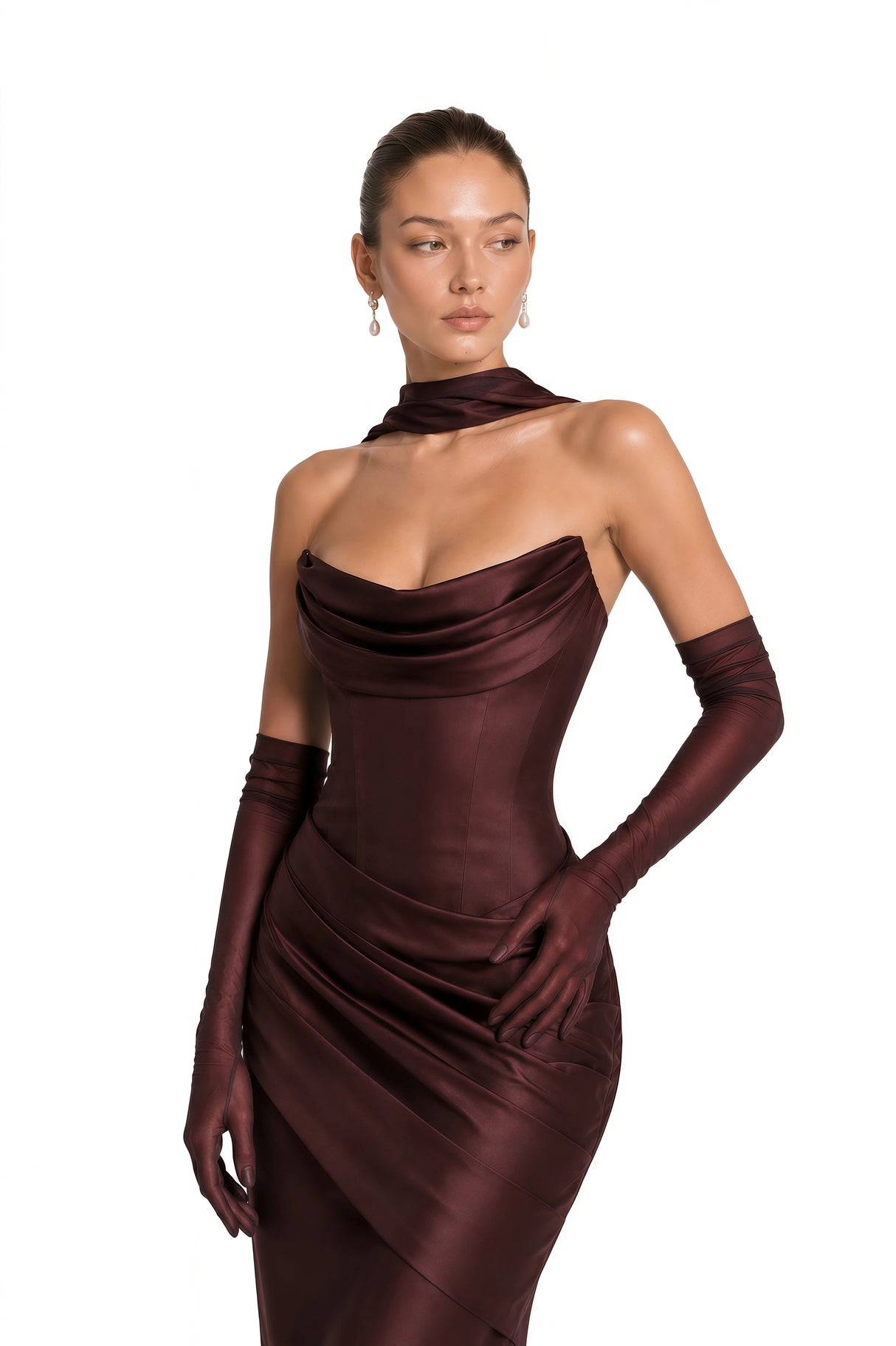 Marilou Brown Ruched Satin Maxi Dress