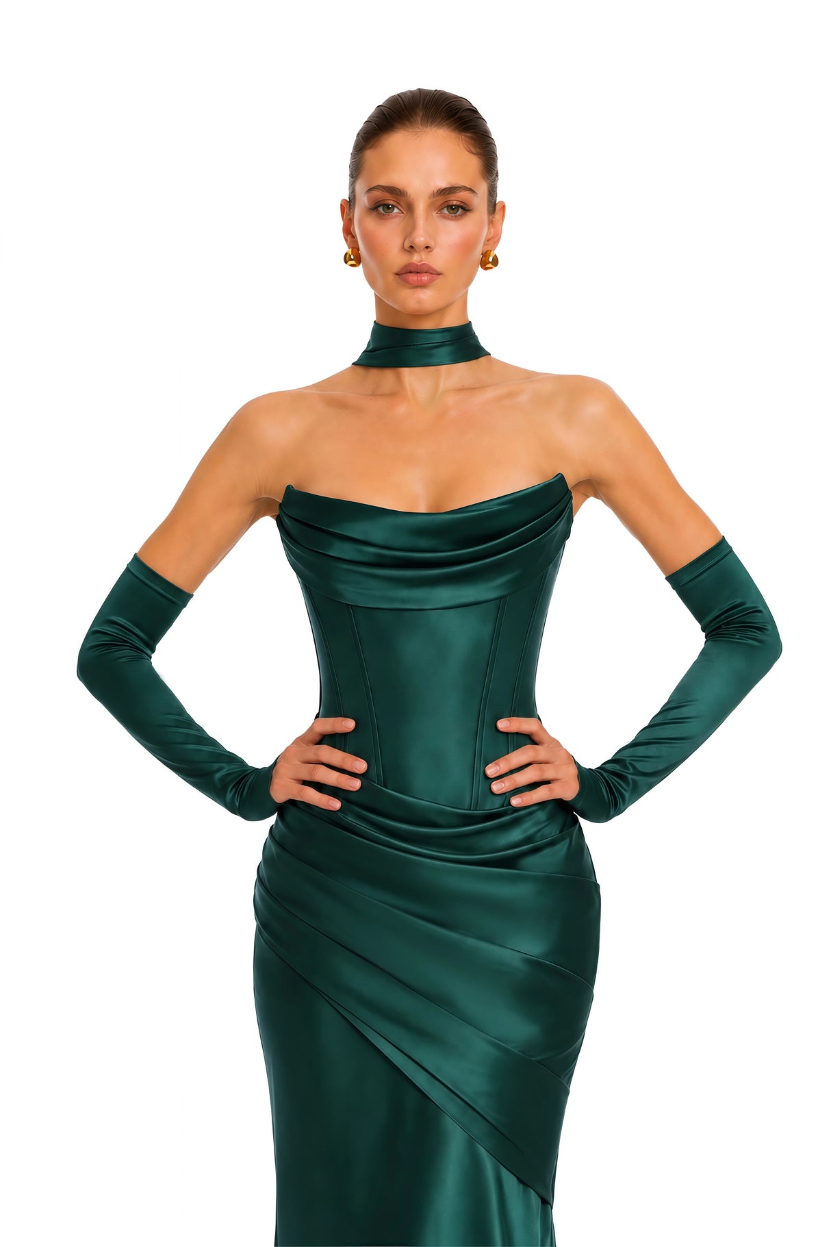 Marilou Green Ruched Satin Maxi Dress