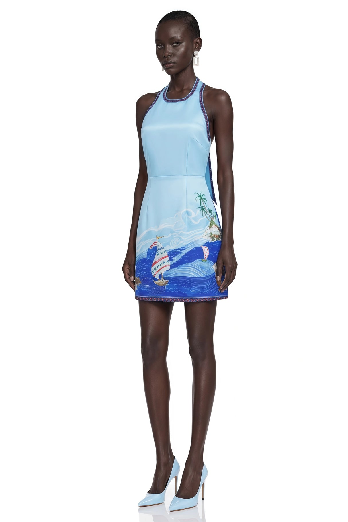 Marina Blue Scenic Print Halter Mini Dress