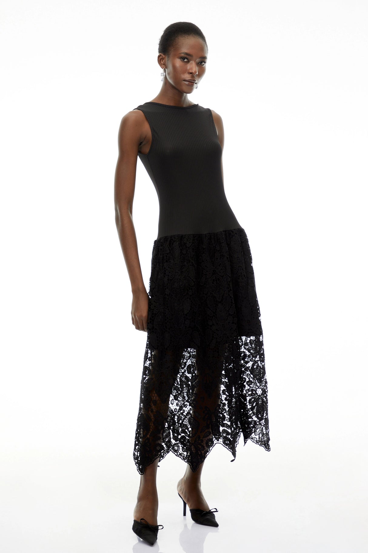 Marion Black Textured Knit Midi Dress with Lace
