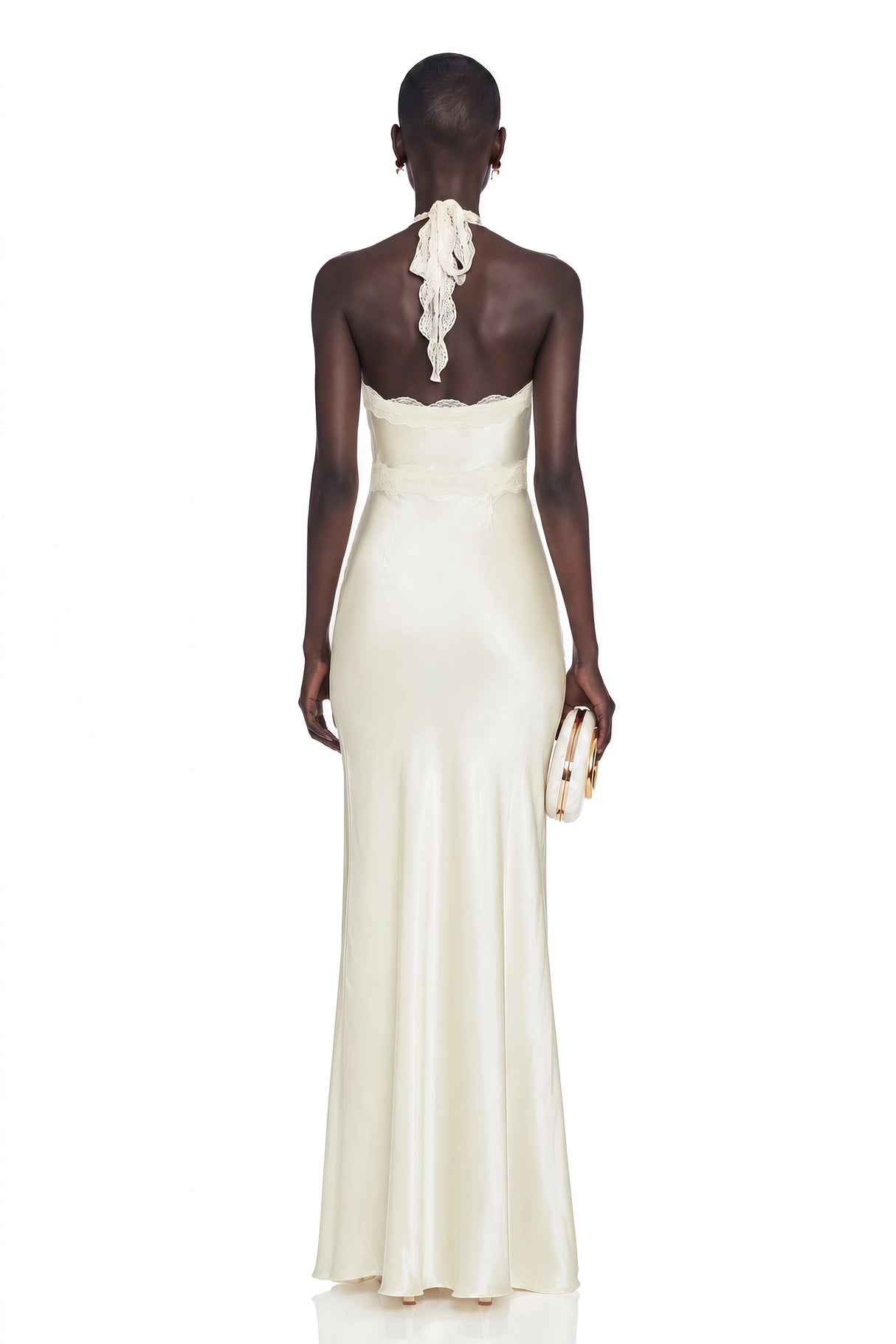 Maristella White Plunge Neck Halterneck Maxi Dress with Lace Trim