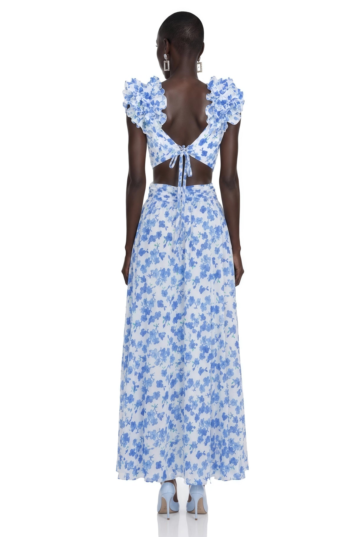 Marjorie Blue Floral Print Maxi Dress with Ruffled Trim