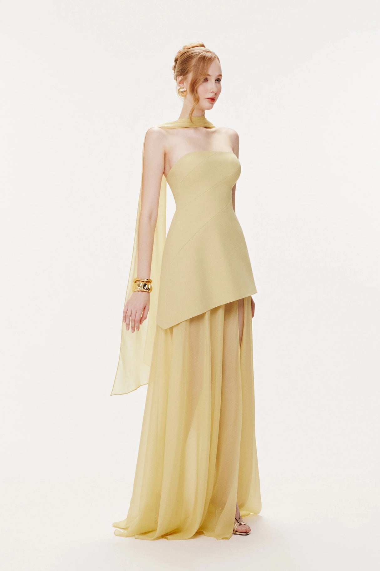 Marlis Yellow Strapless Layered Train Dress