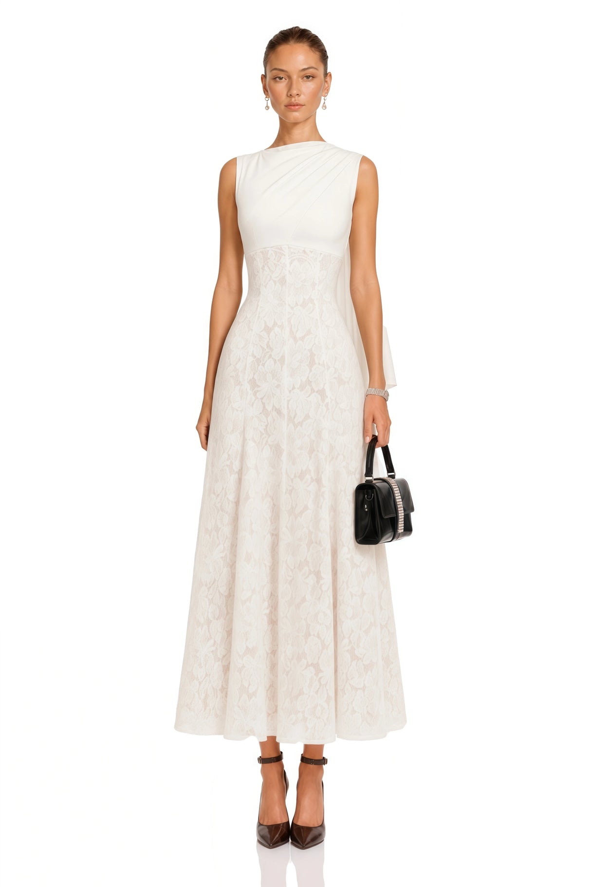 Marzia White Ribbon Detail Floral Lace Maxi Dress