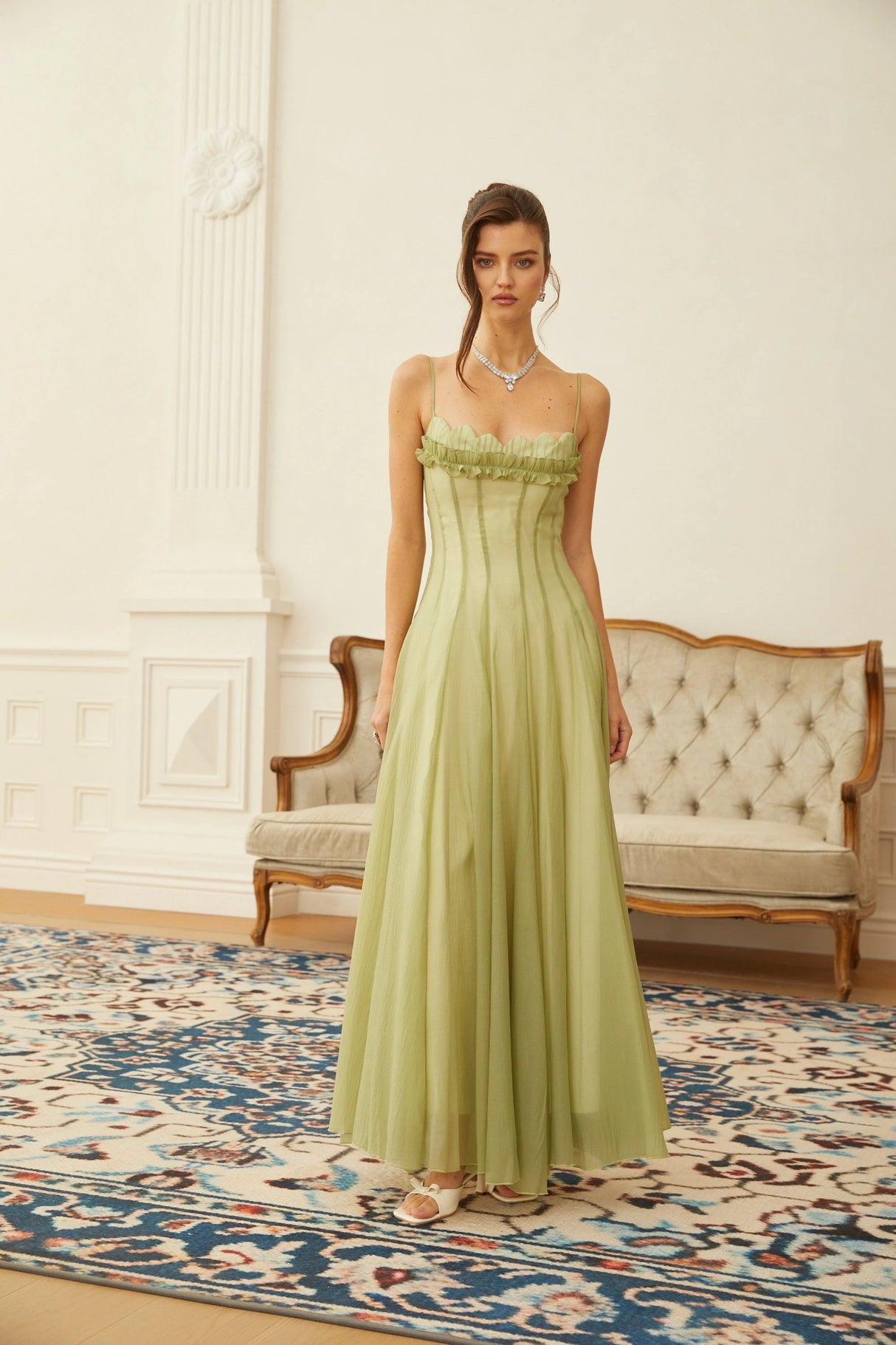 Matcha Ruffled Shirred Tulle Maxi Dress