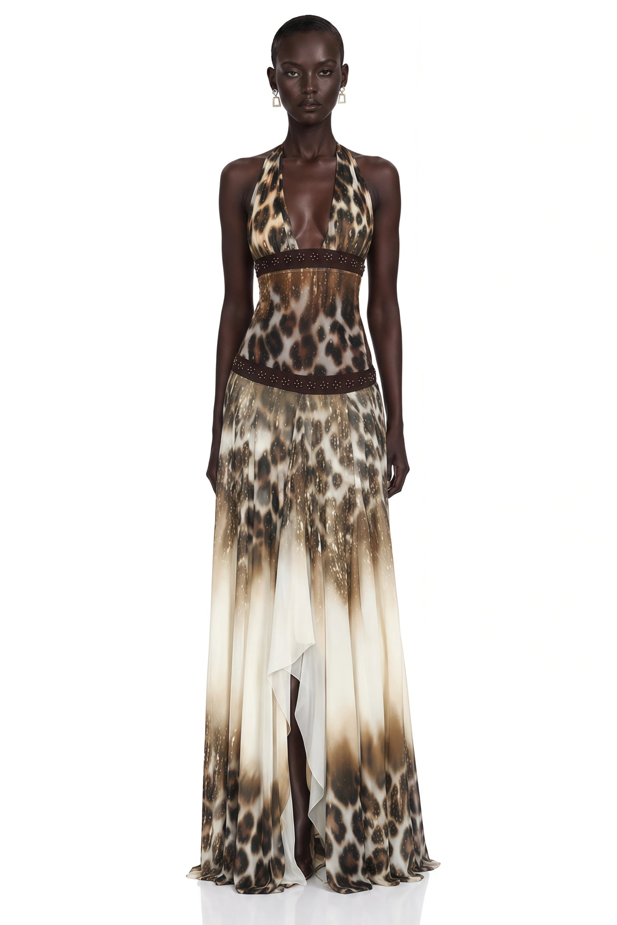 Mathilde Chocolate Brown Leopard Print Halterneck Maxi Dress
