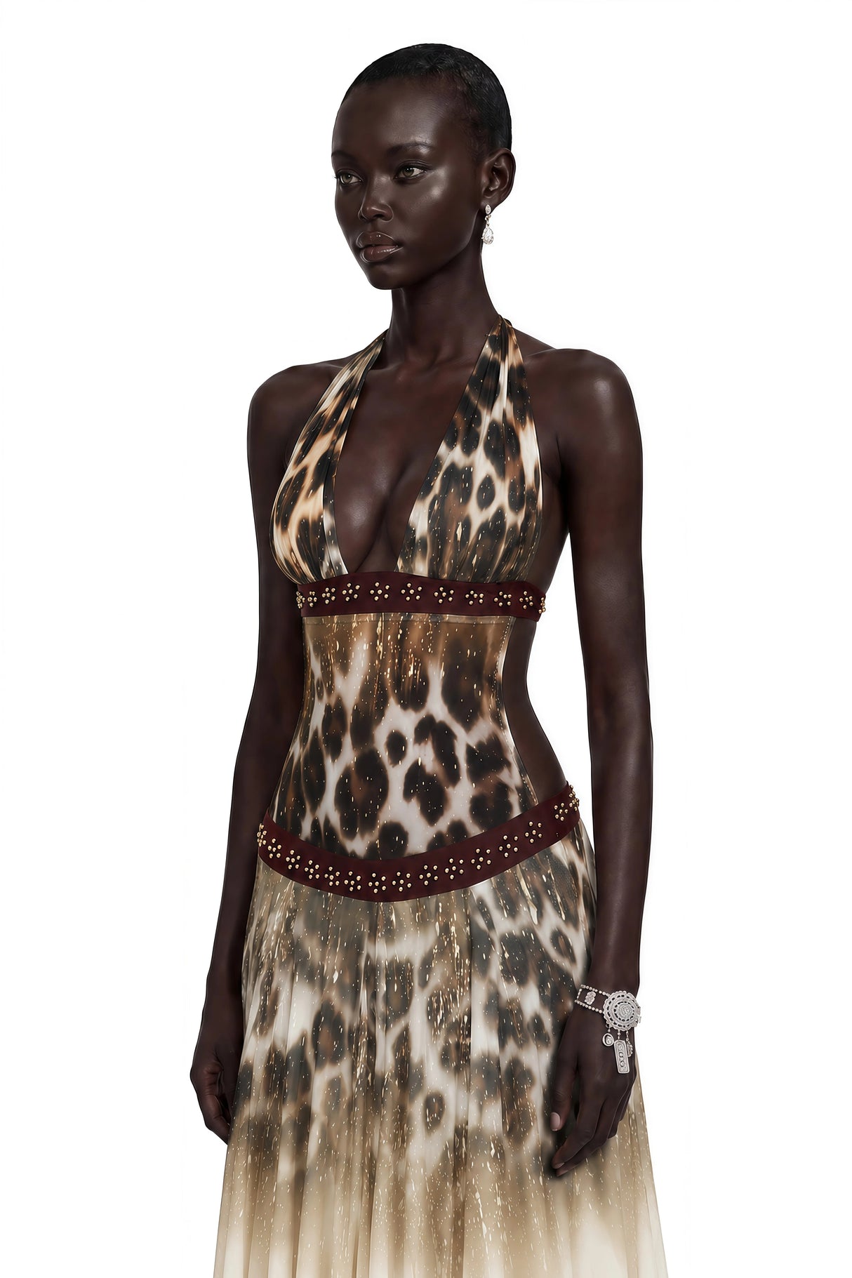Mathilde Chocolate Brown Leopard Print Halterneck Maxi Dress