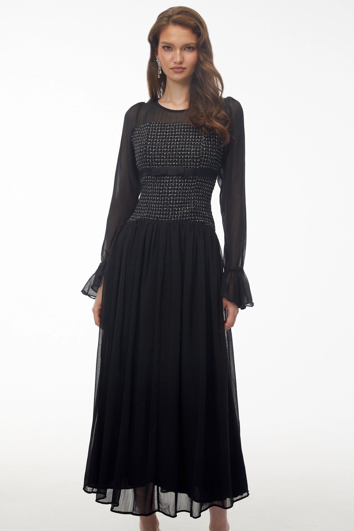 Maya Black Maxi Dress with Bell Sleeves and Bow
