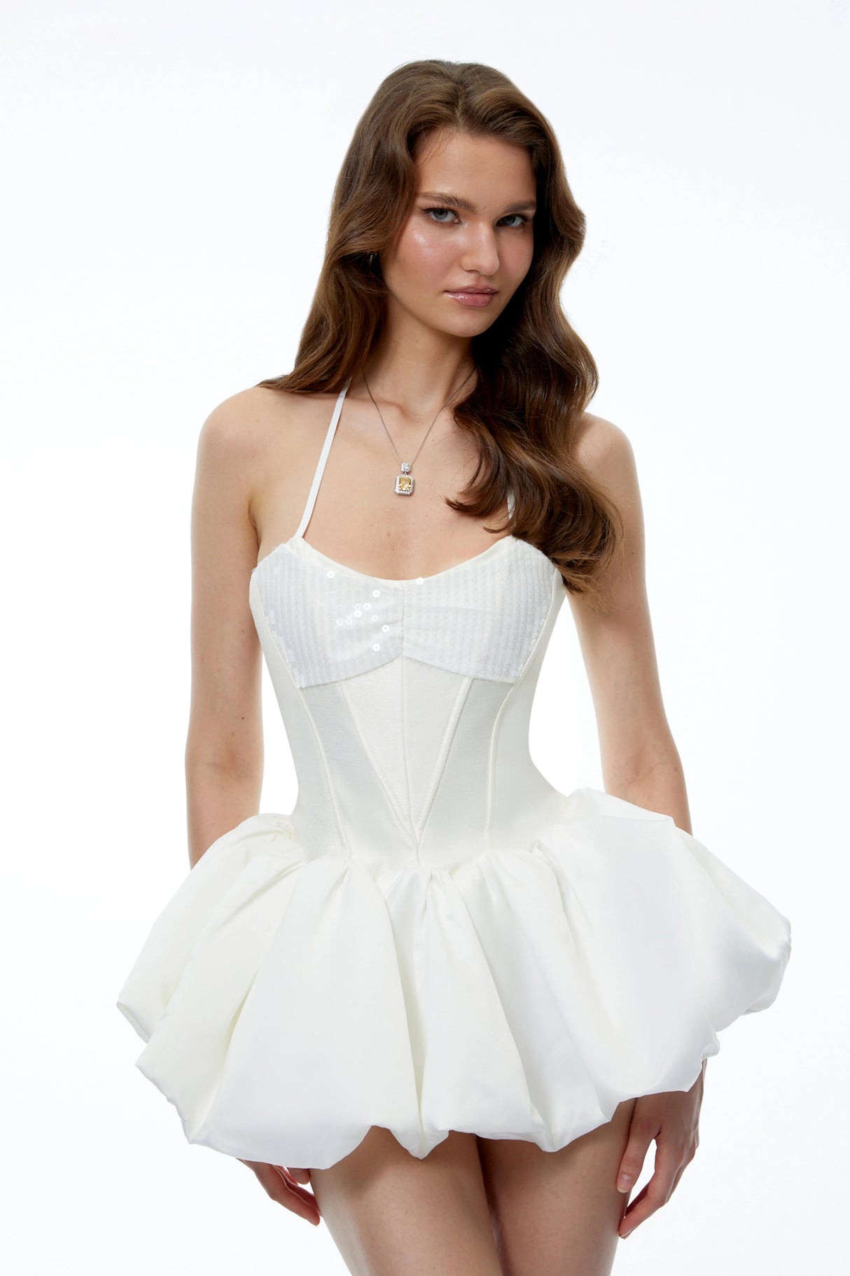 Mei White Sequin Puffball Mini Dress