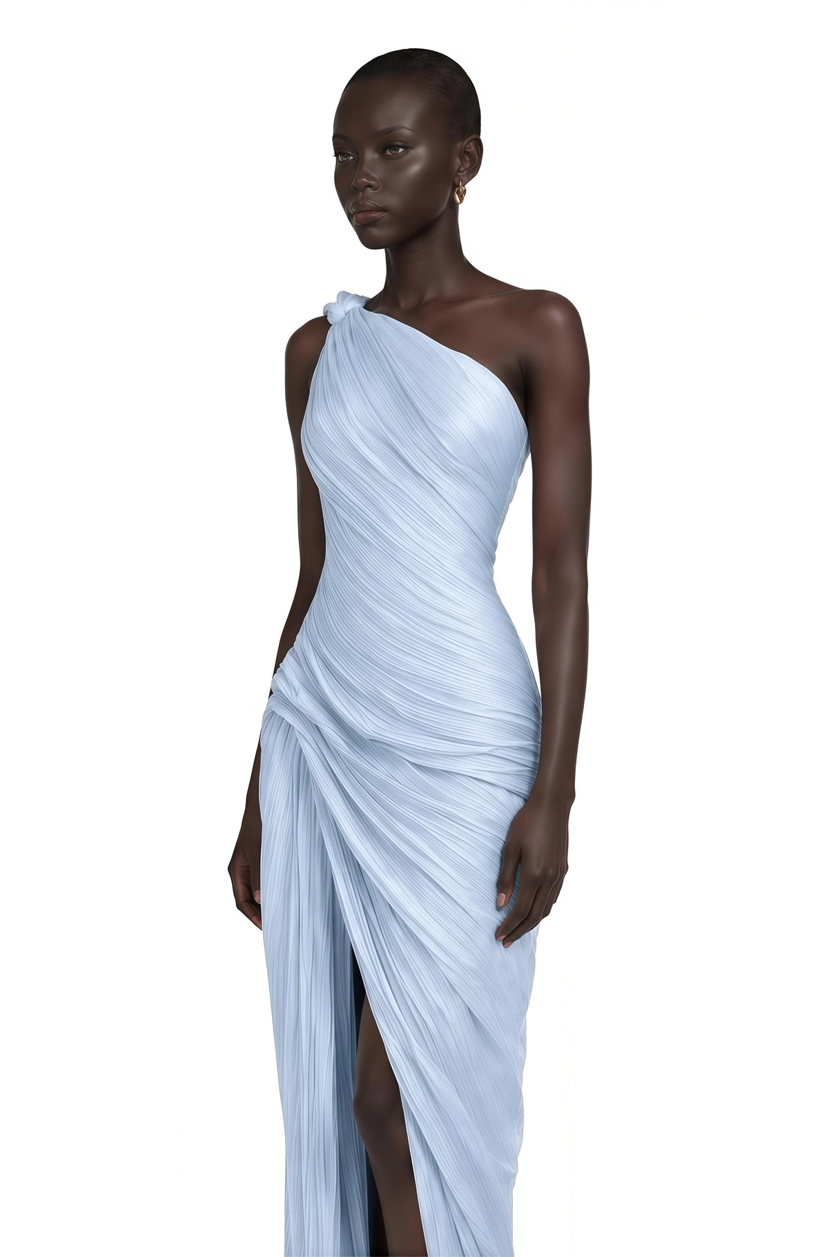 Meissa Blue Asymmetrical Ruched Maxi Dress