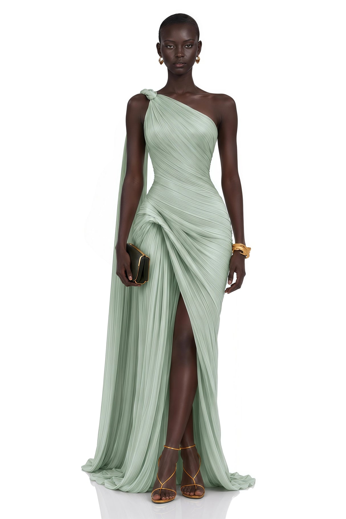 Meissa Green Asymmetrical Ruched Maxi Dress