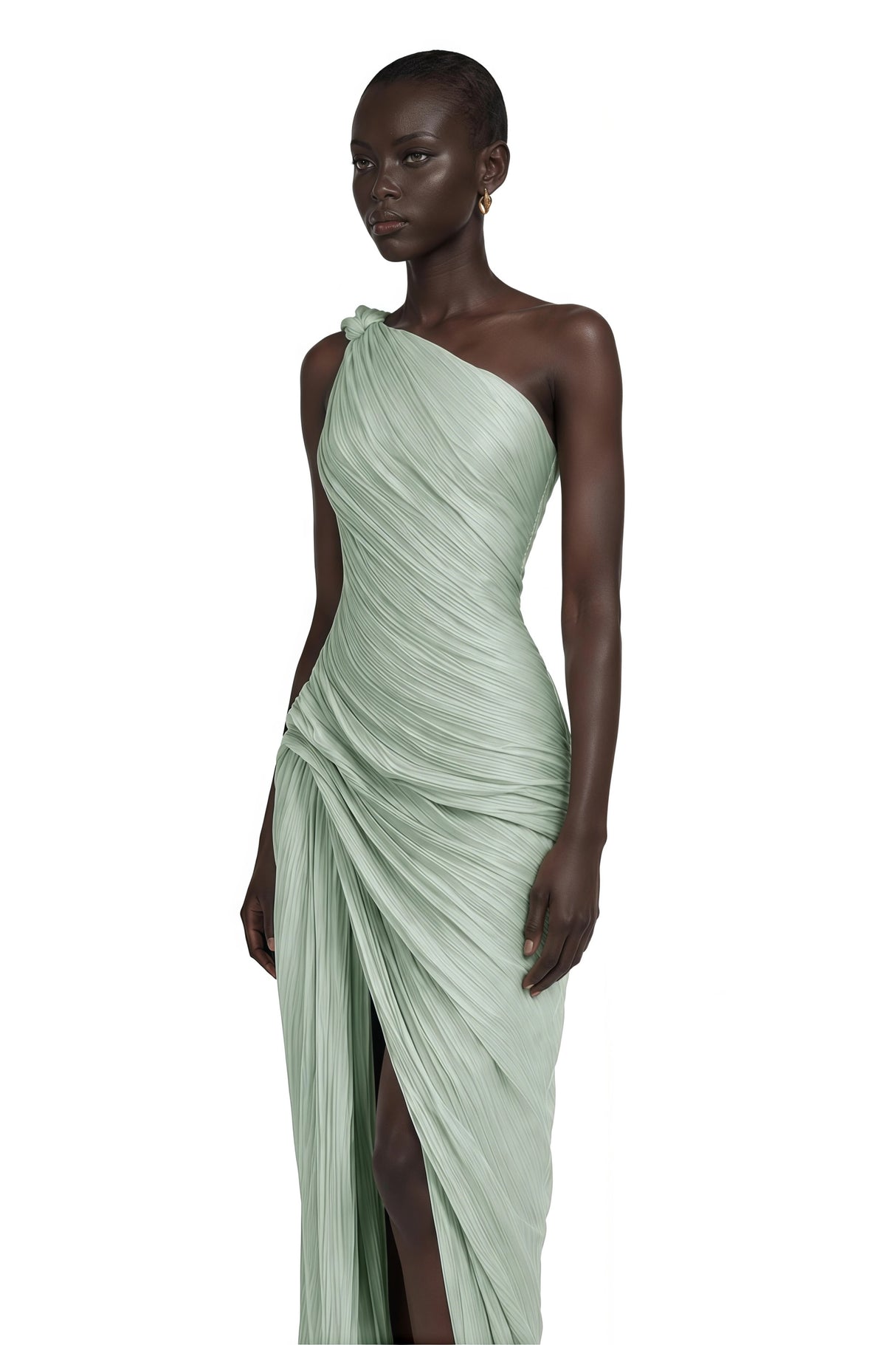Meissa Green Asymmetrical Ruched Maxi Dress