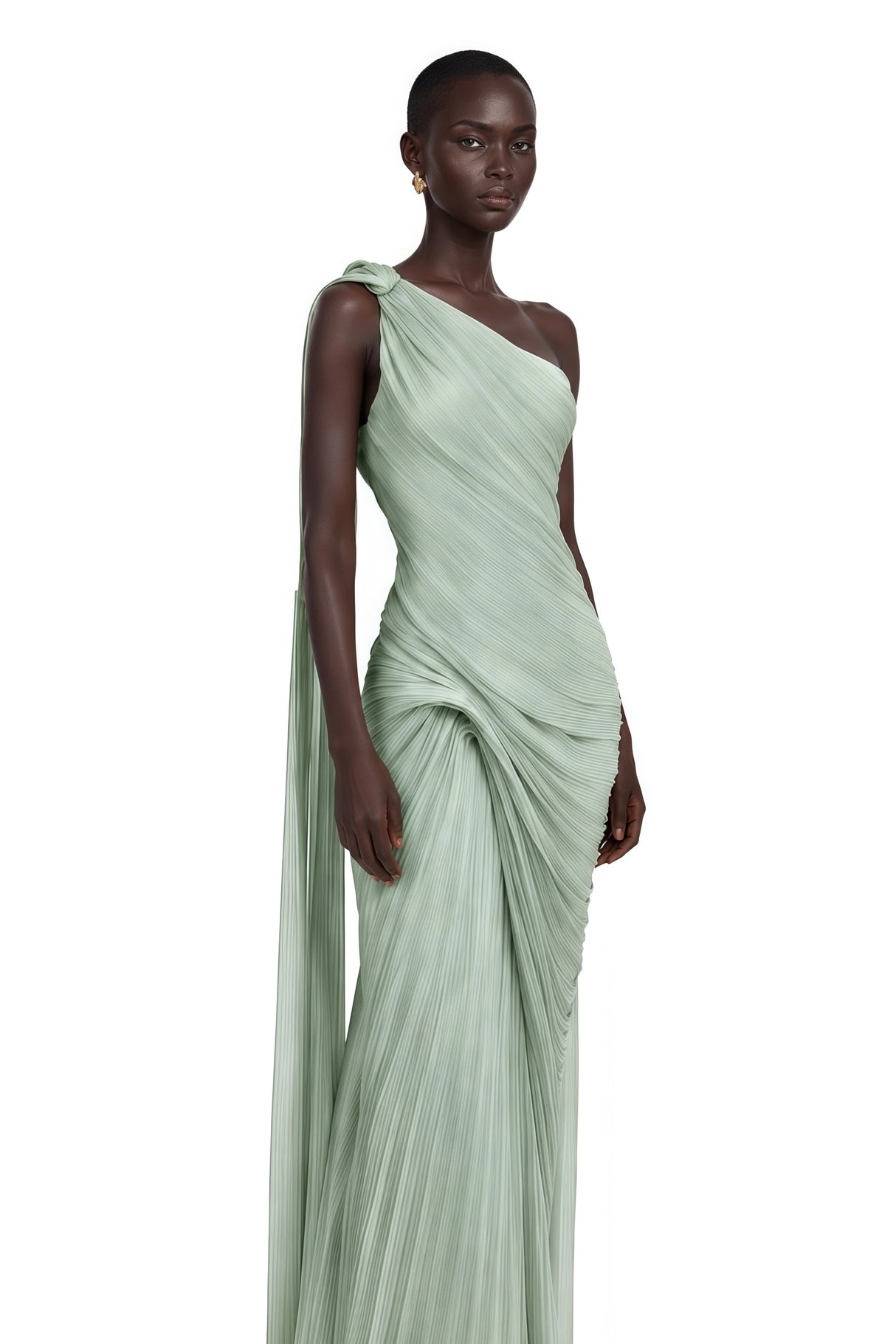 Meissa Green Asymmetrical Ruched Maxi Dress