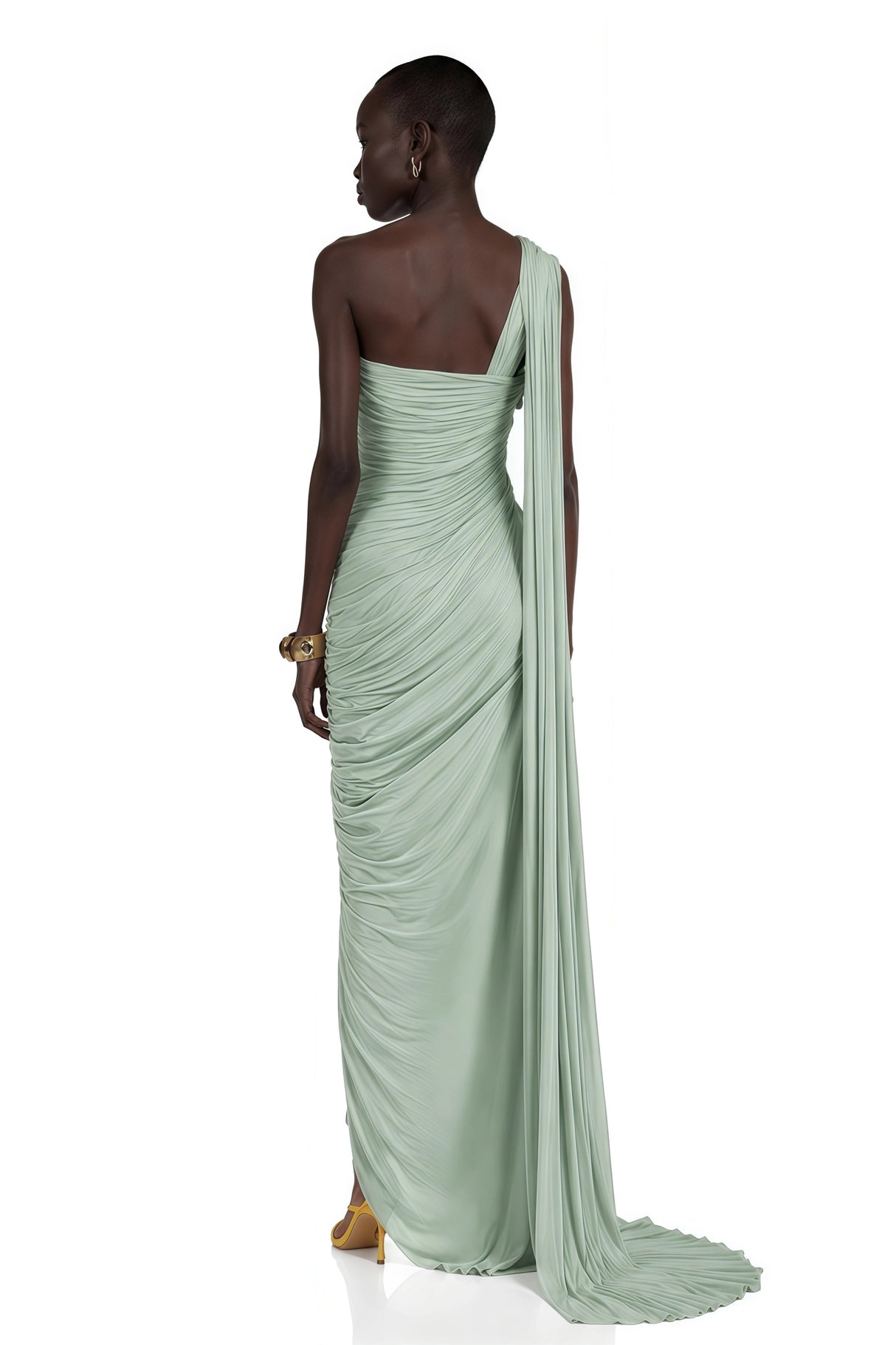 Meissa Green Asymmetrical Ruched Maxi Dress