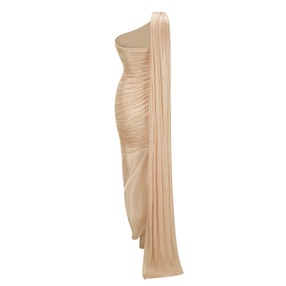 Meissa Neutral Asymmetrical Ruched Maxi Dress