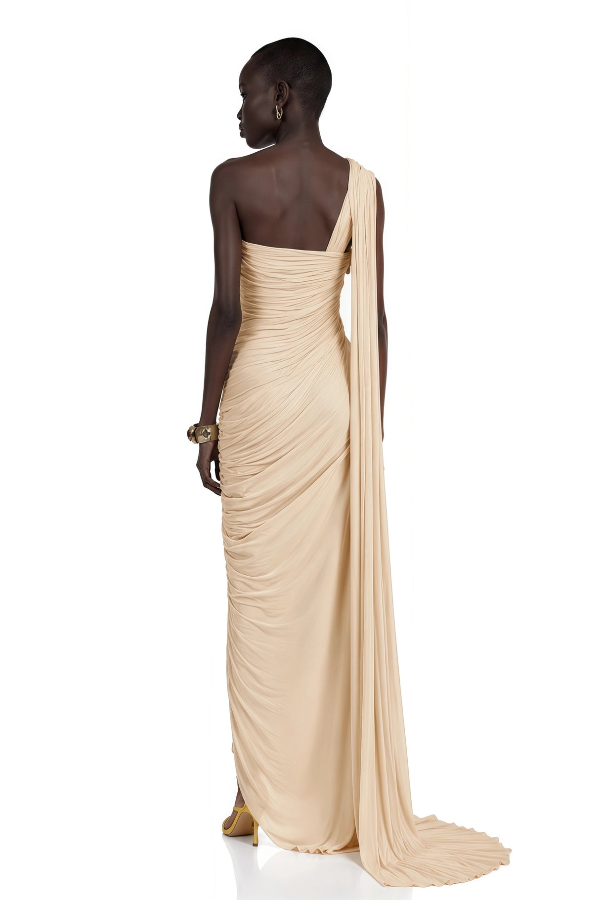 Meissa Neutral Asymmetrical Ruched Maxi Dress