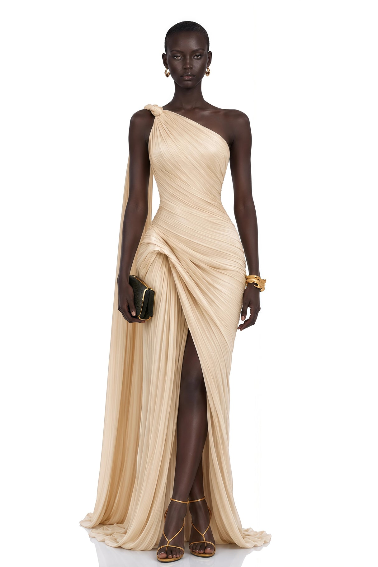 Meissa Neutral Asymmetrical Ruched Maxi Dress