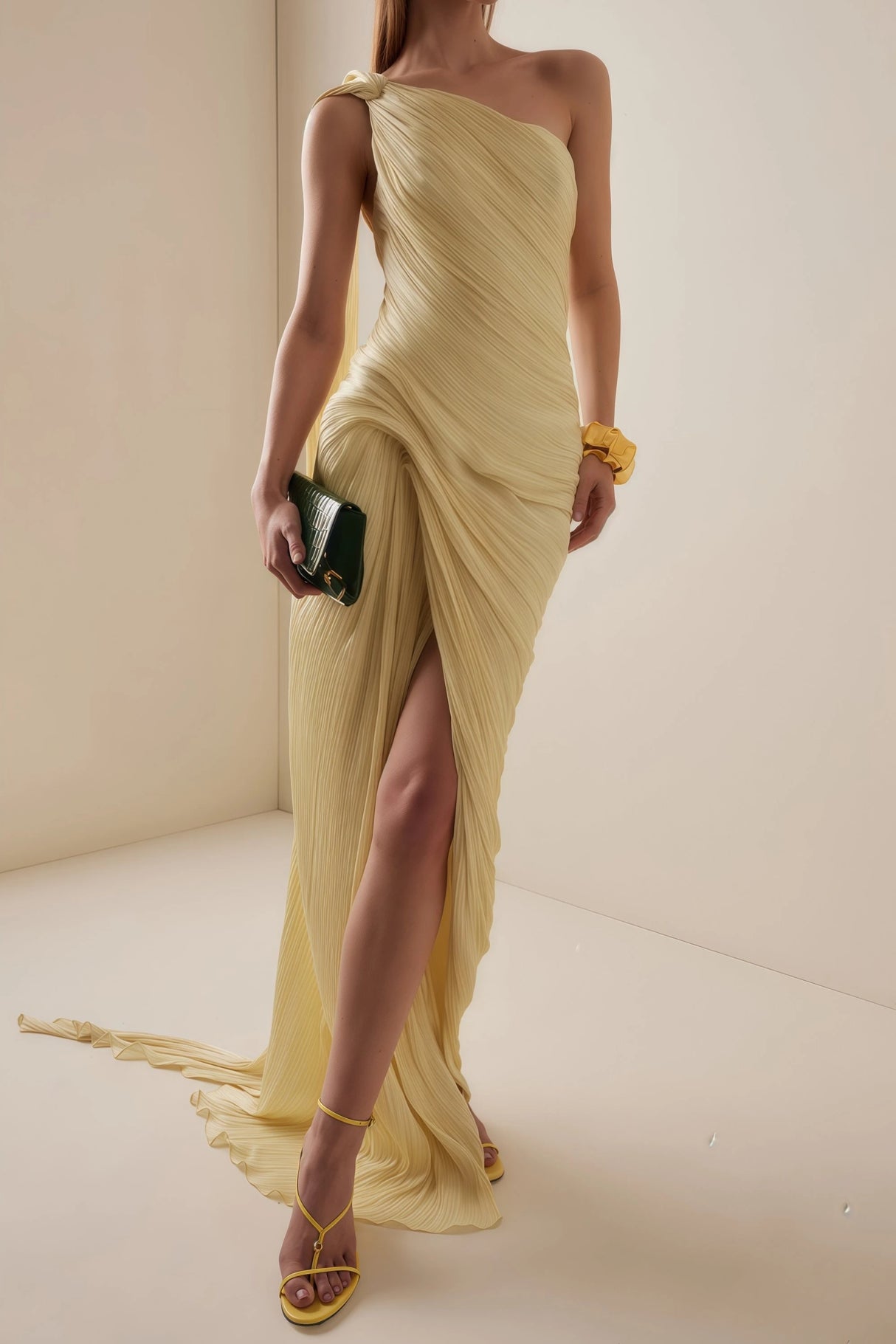 Meissa Yellow Asymmetrical Ruched Maxi Dress