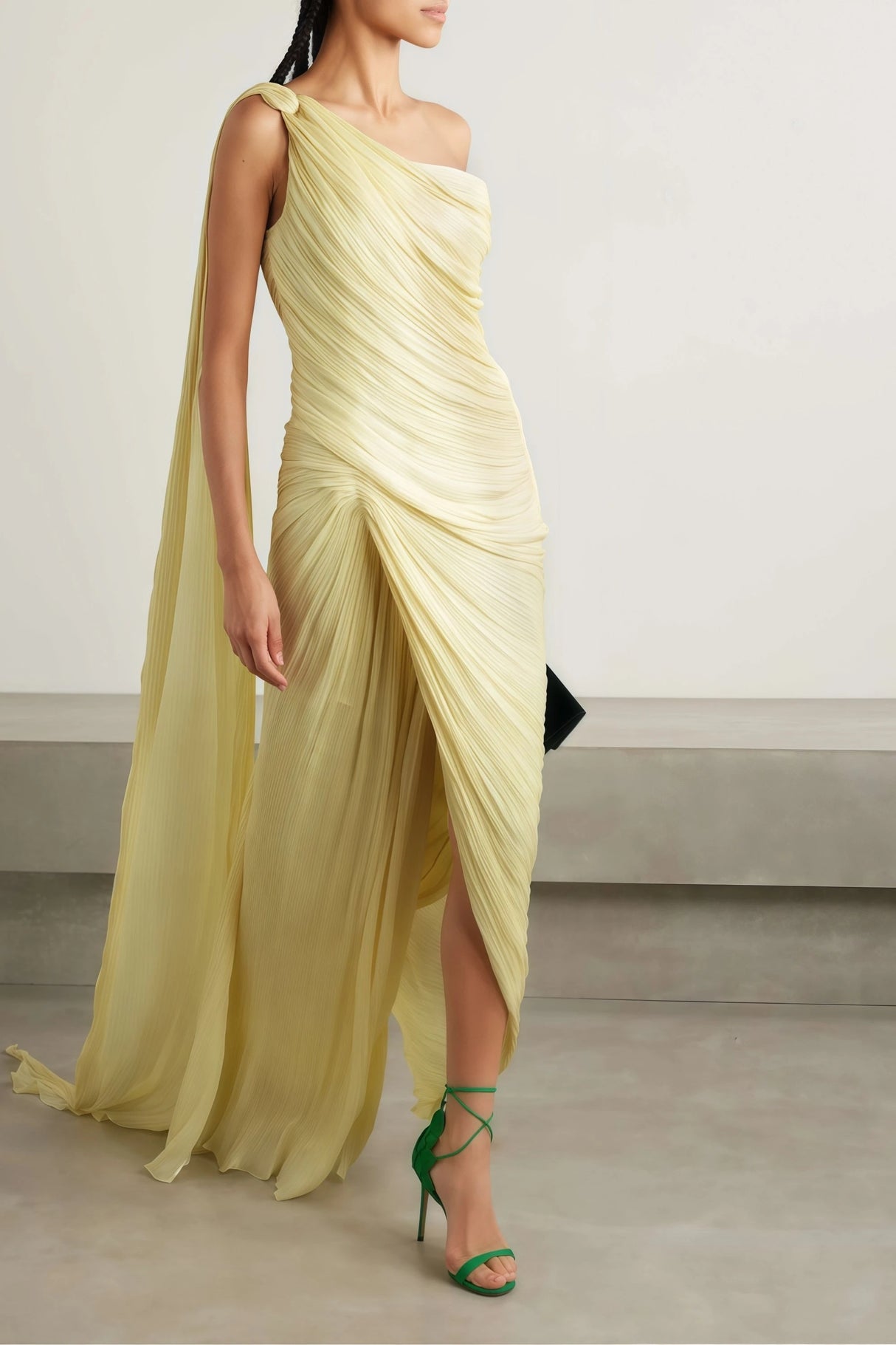 Meissa Yellow Asymmetrical Ruched Maxi Dress