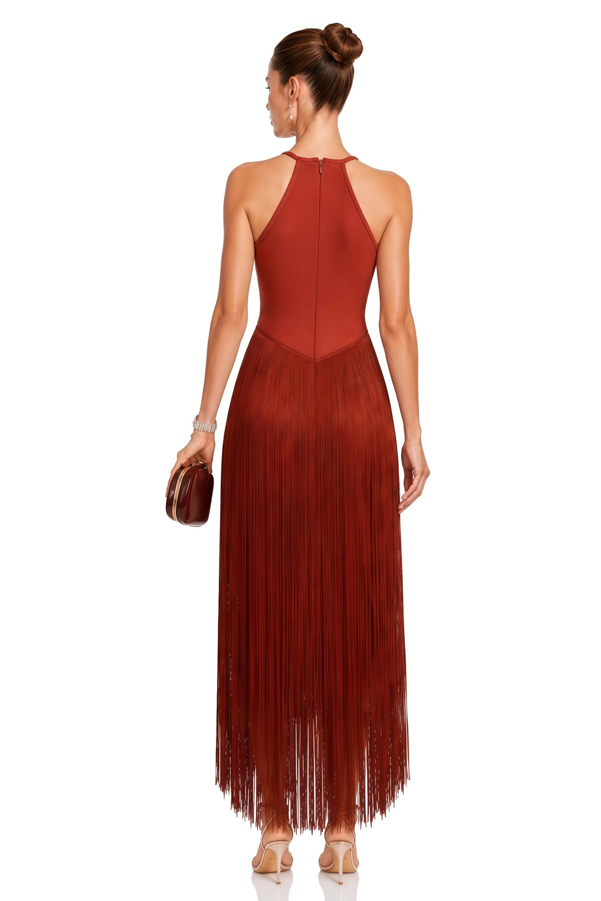 Mélisande Rusty Red Halterneck Fringed Maxi Gown